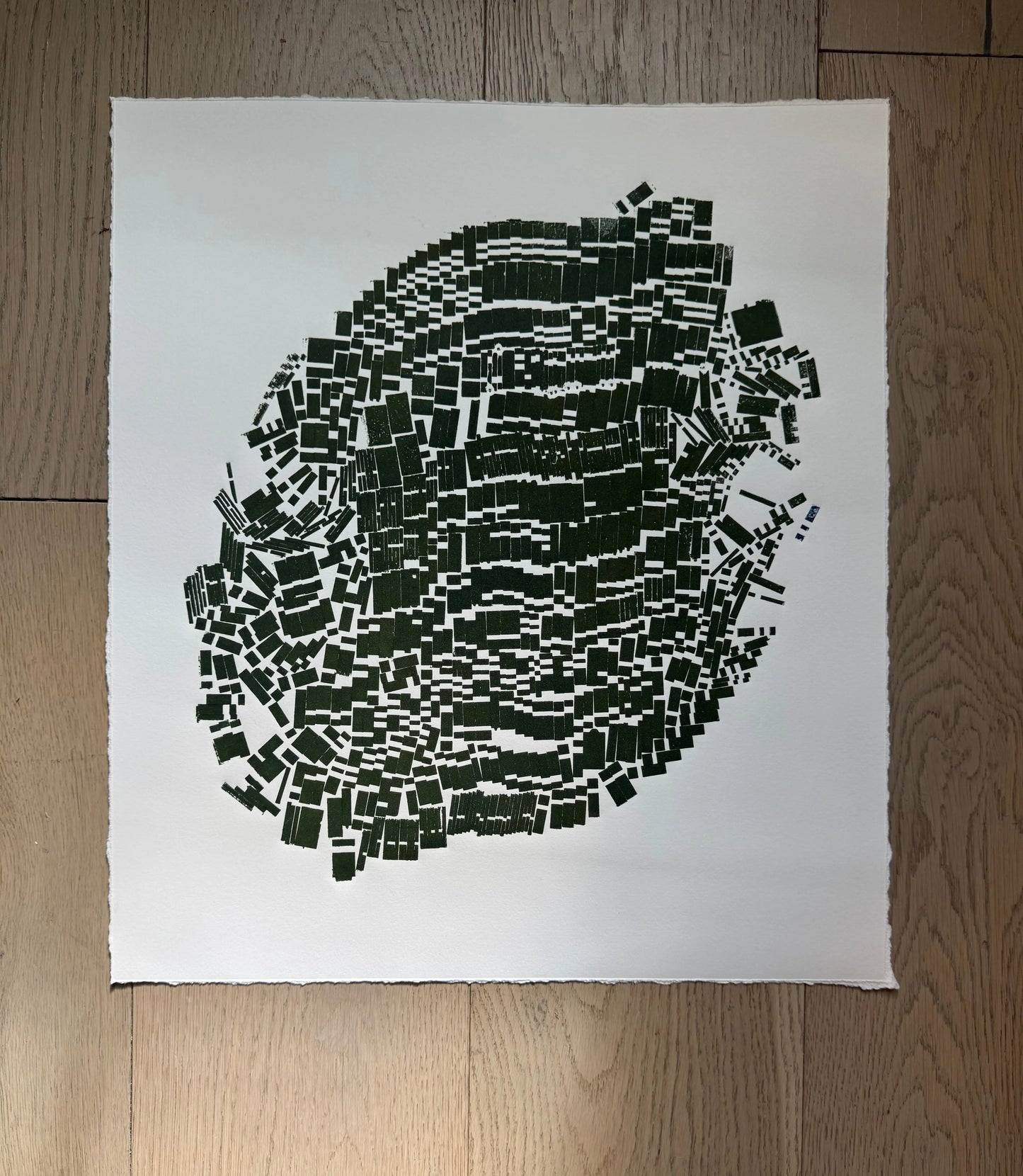 "Corralled" Abstract Green Letter Type MonoPrint 19.5x17 inches lintonart