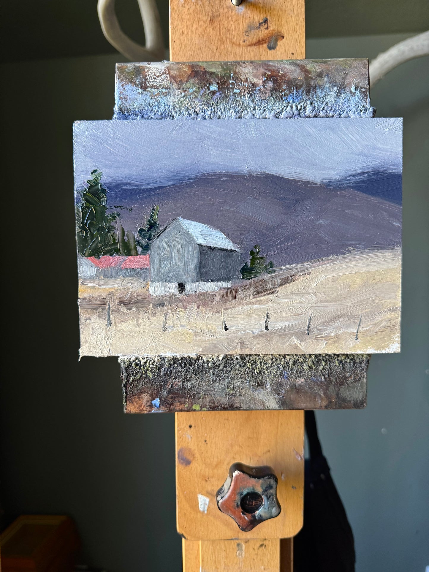 Purple Mountains and the Barn. 5x7 Original Oil Painting