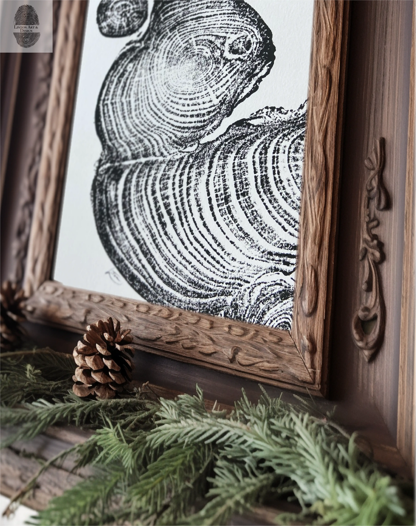 Irish Cypress, Tree Ring Art, 5x7 inches, Woodcut, woodblock print lintonart