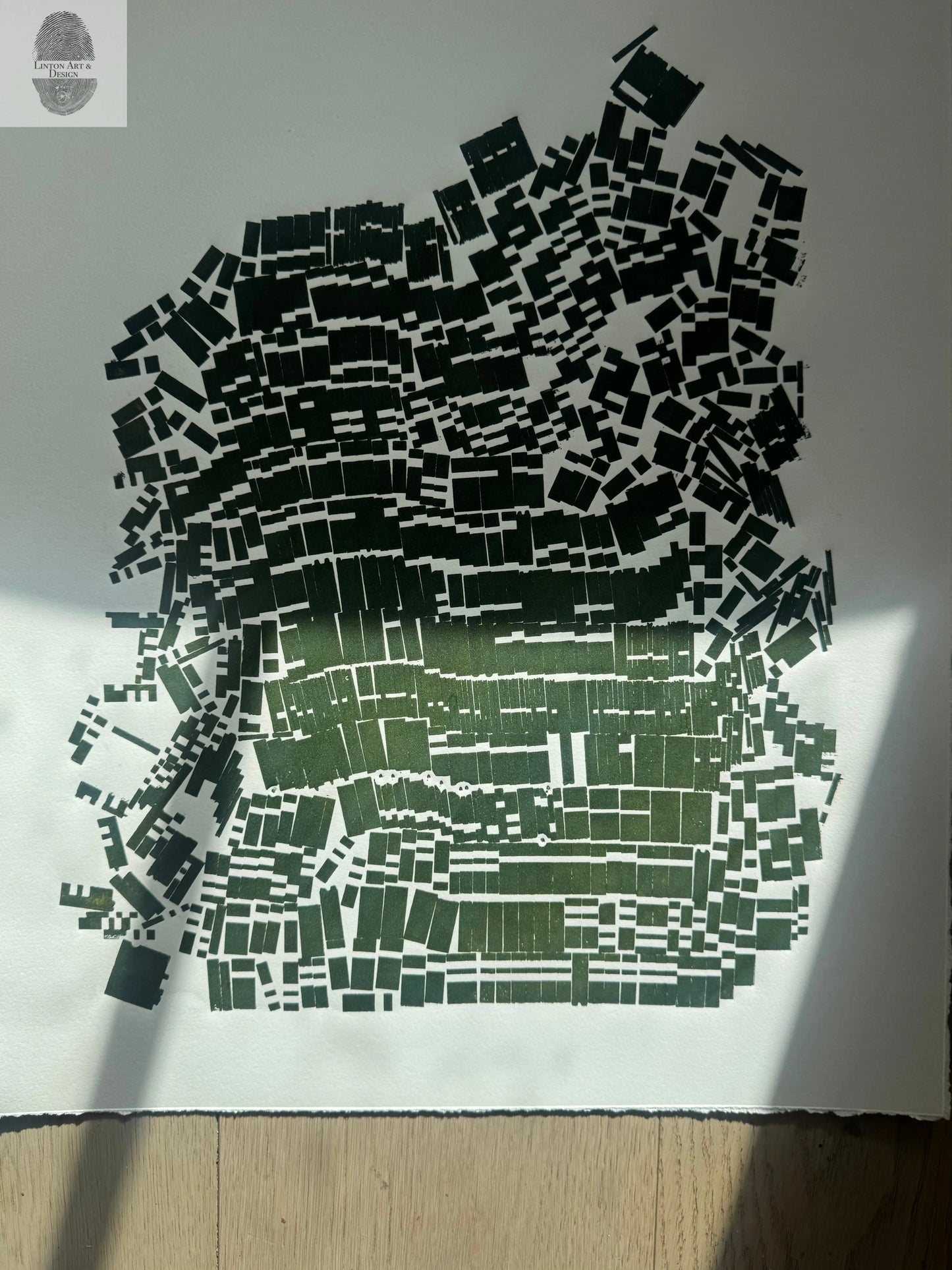 "Keep It Together" Abstract Green letter Type MonoPrint 19x16 inches lintonart