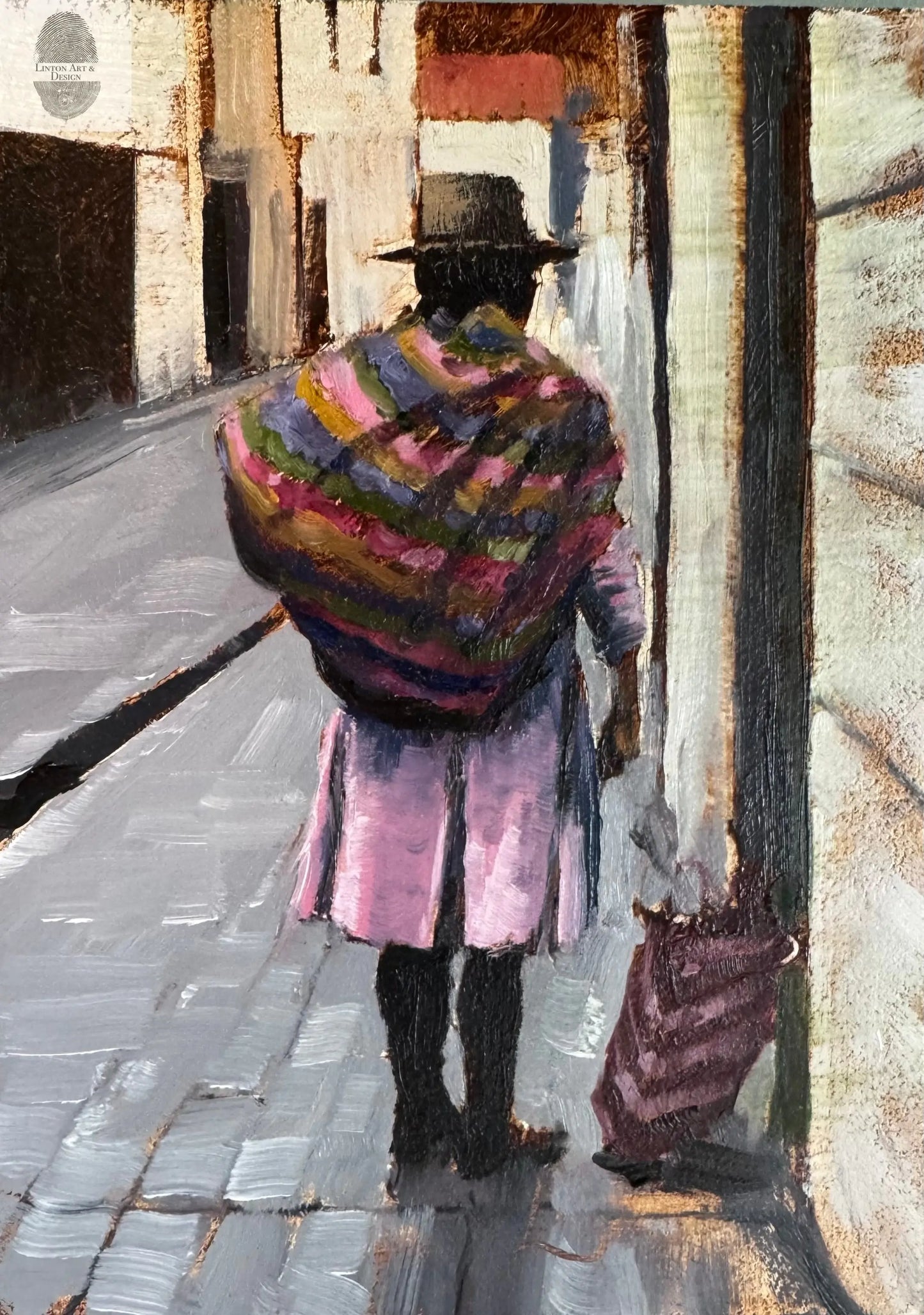 Original Oil Painting of a Woman on her way to the market in Peru, 5x7 inches, Signed lintonart