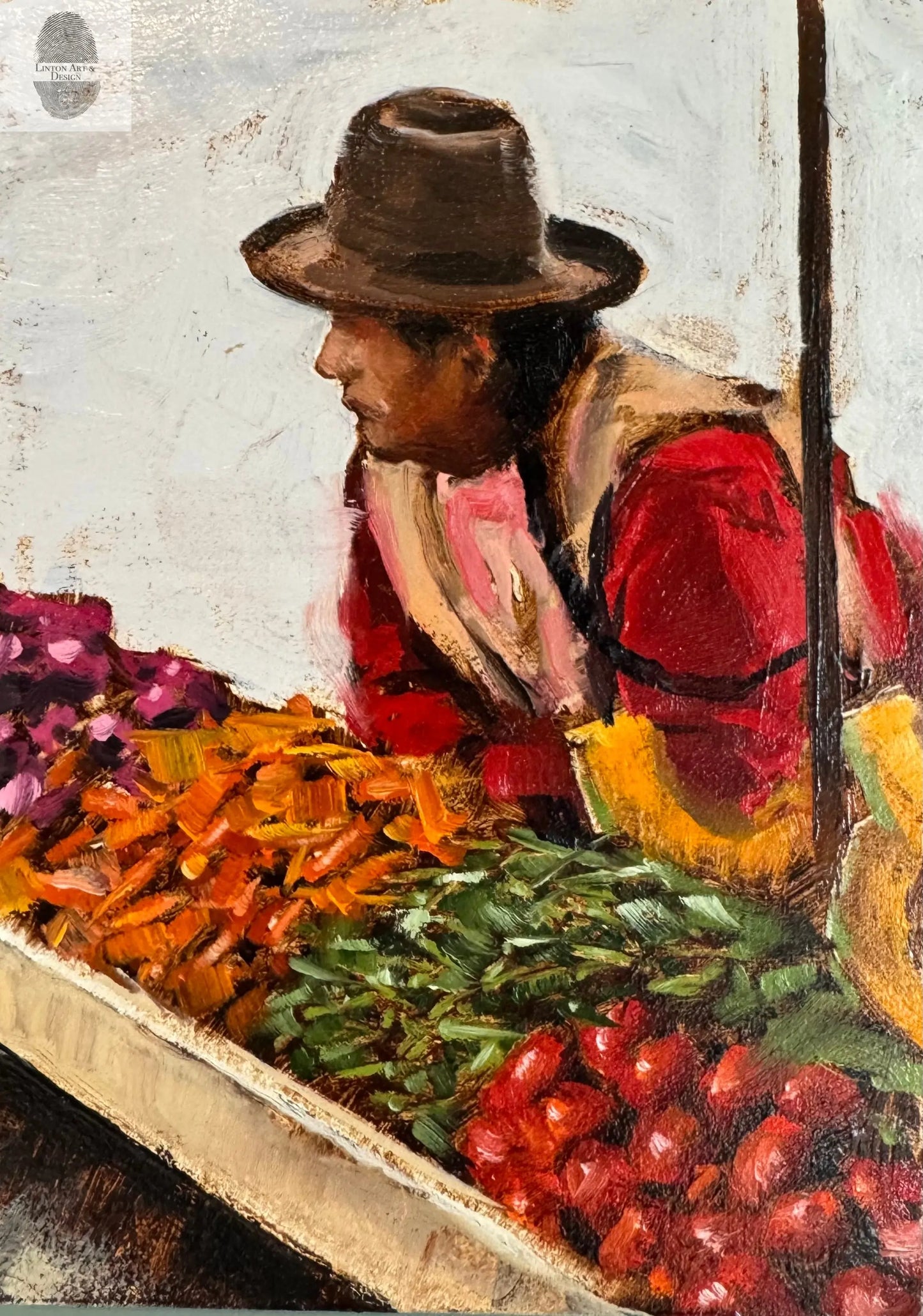 Original Oil Painting, 5x7 Inches, "Vegetable Seller" lintonart