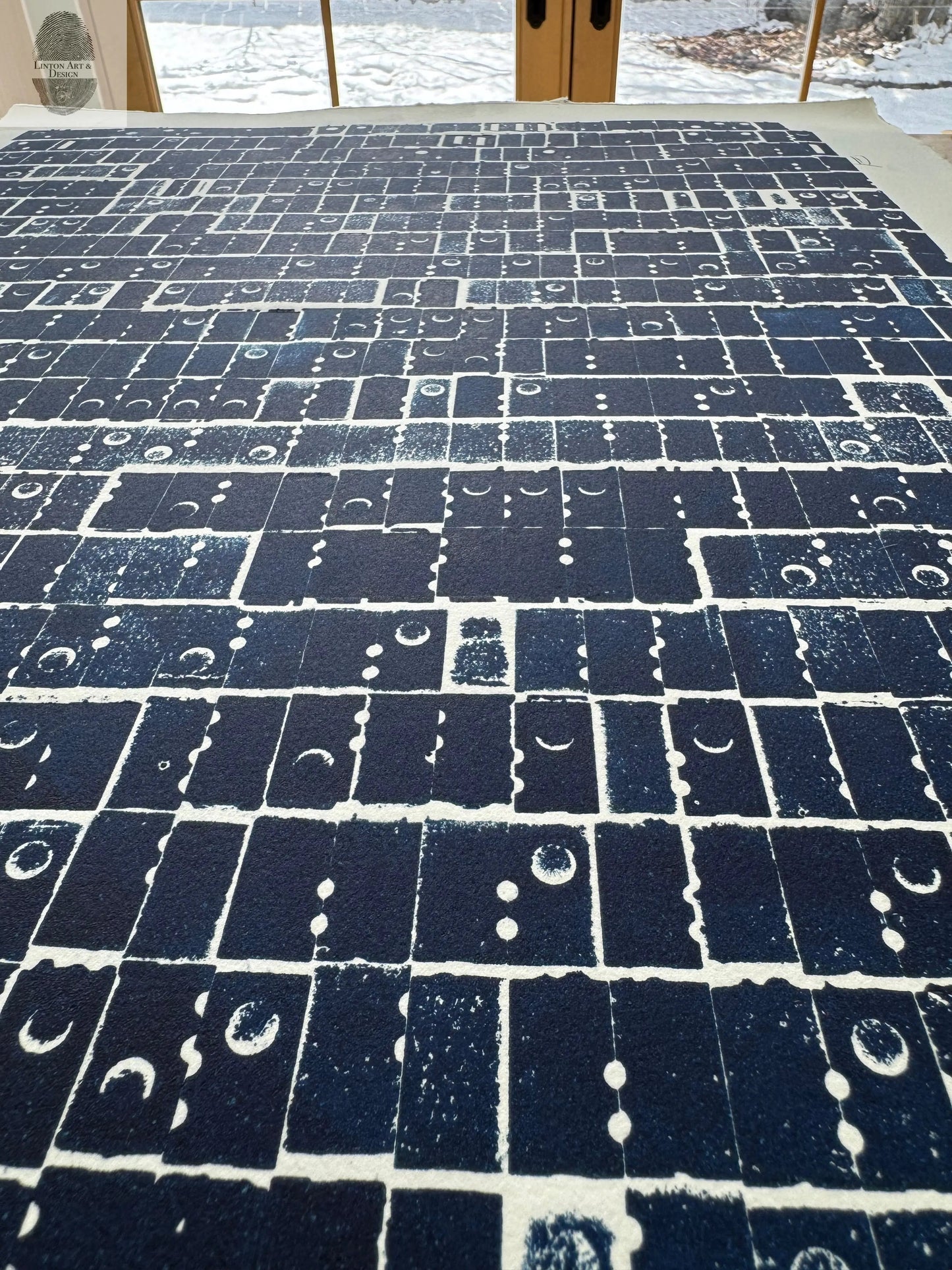 "Pattern Seeking" Abstract Navy Blue Letter Type, Monotype, 18.5X24 Inches lintonart