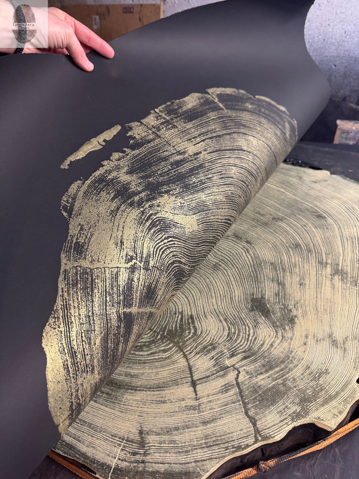 San Francisco Redwood. Gold and Black, 36x48 Inches. Original Signed artwork made from Real Redwood lintonart