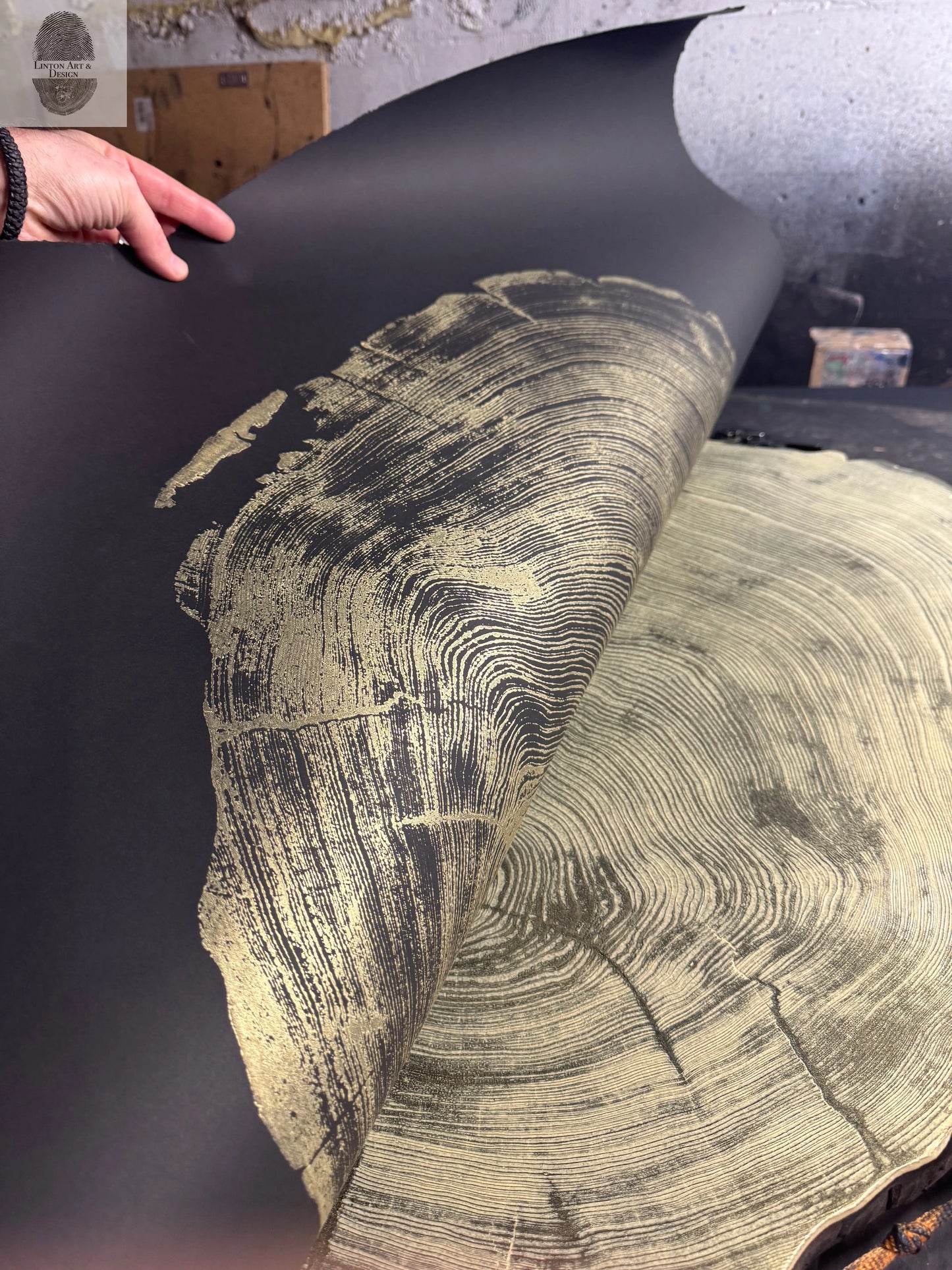 San Francisco Redwood. Gold and Black, 36x48 Inches. Original Signed artwork made from Real Redwood lintonart