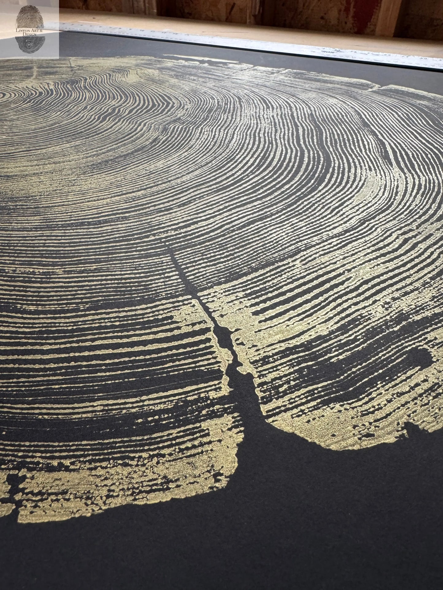 San Francisco Redwood. Gold and Black, 36x48 Inches. Original Signed artwork made from Real Redwood lintonart