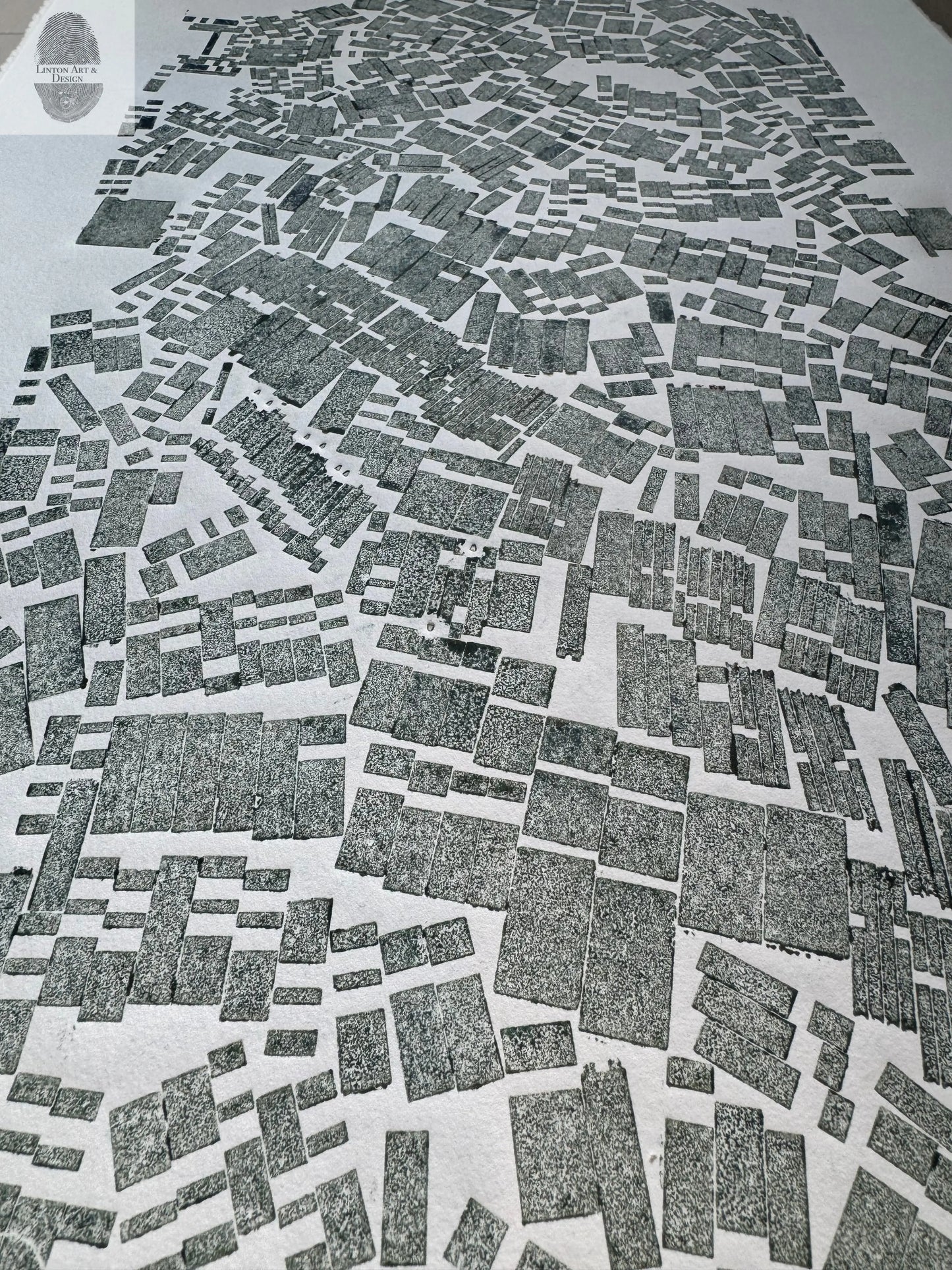 "Shaken Not Stirred" Abstract Green letter Type MonoPrint 22x13.5 inches lintonart