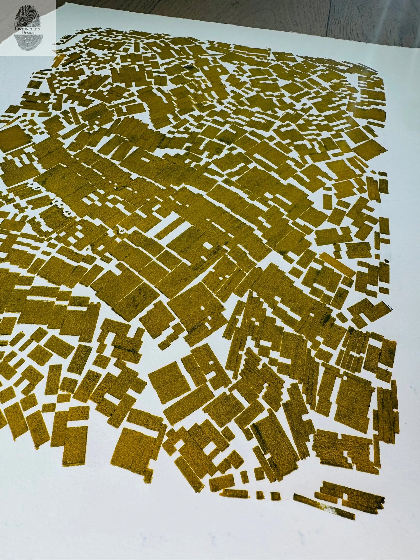 "Scatter Shot" Abstract Yellow Letter Type MonoPrint 18.25x15 lintonart