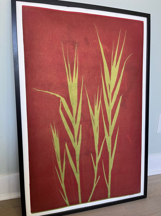 Green Reeds Hand-Pressed Botanical Monotype on Crimson - Original Print