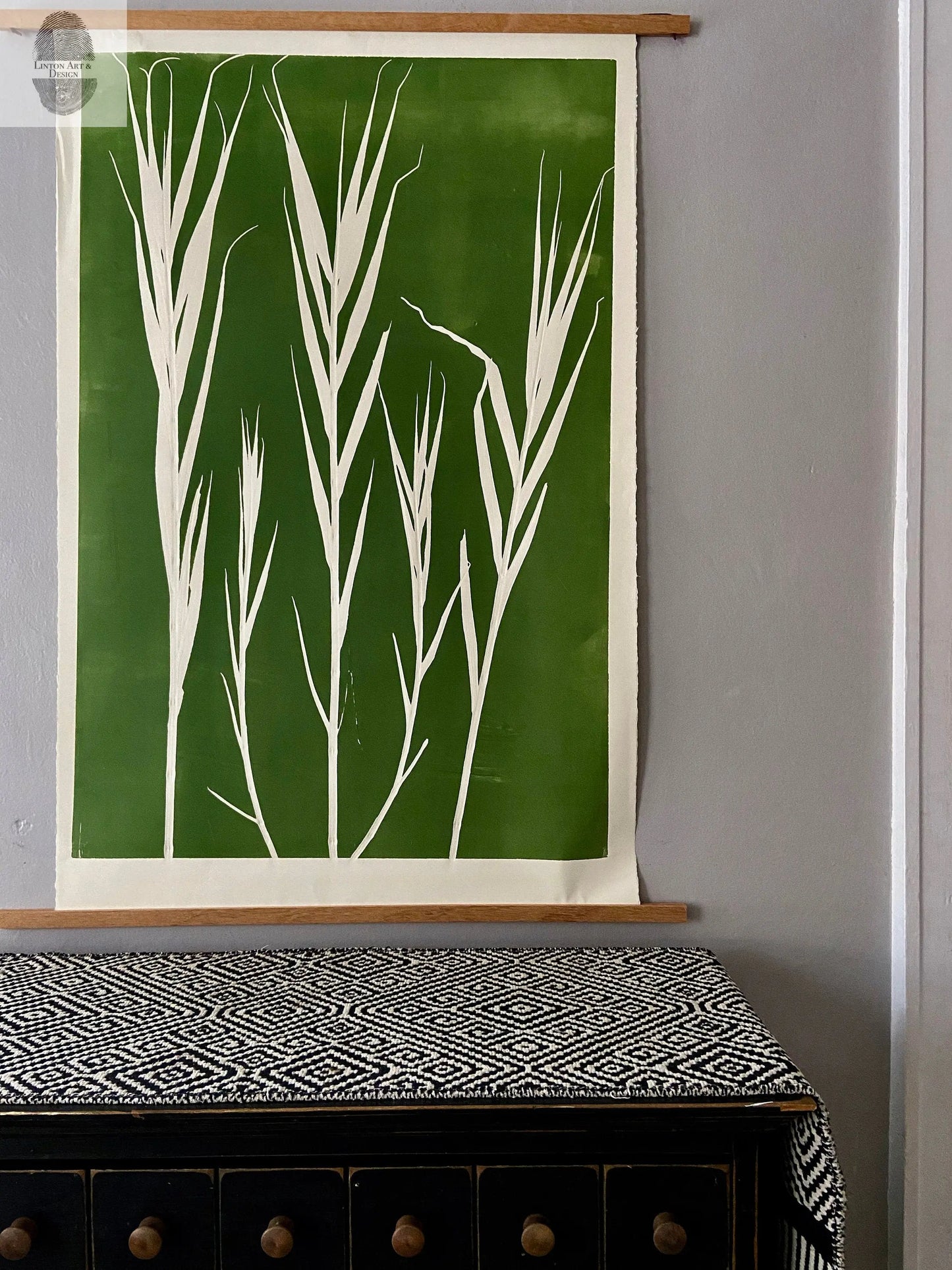 Bamboo Hand Pressed Botanical Monoprint on Green - giclee print lintonart
