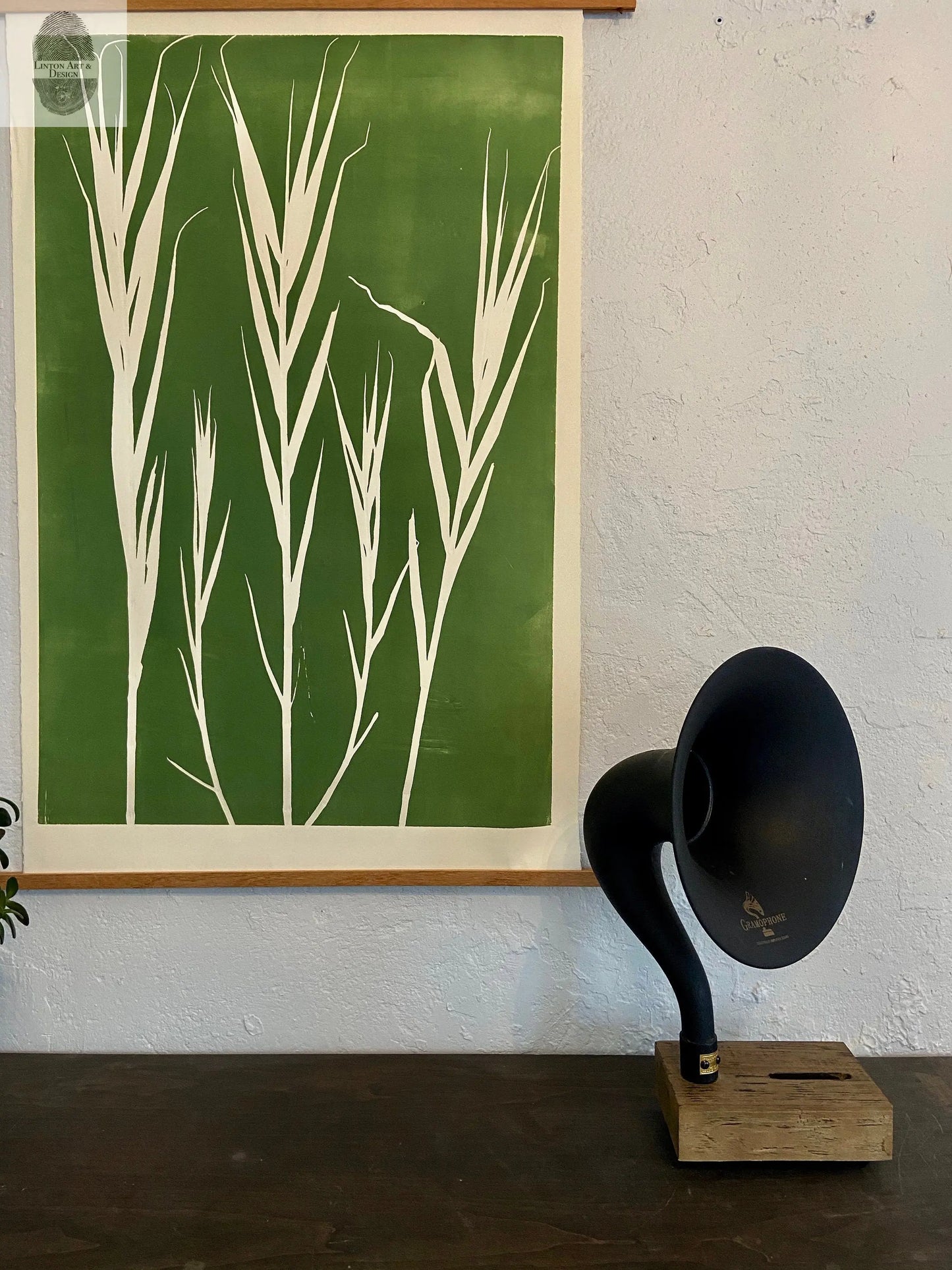 Bamboo Hand Pressed Botanical Monoprint on Green - giclee print lintonart