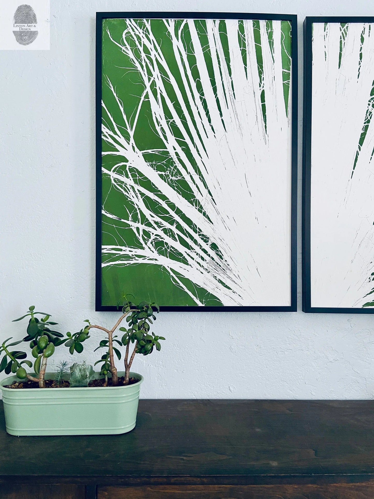 Fan Palm Leaf Diptych Hand Pressed Monoprint on Green Set of 2 - 24x36 each giclee print lintonart