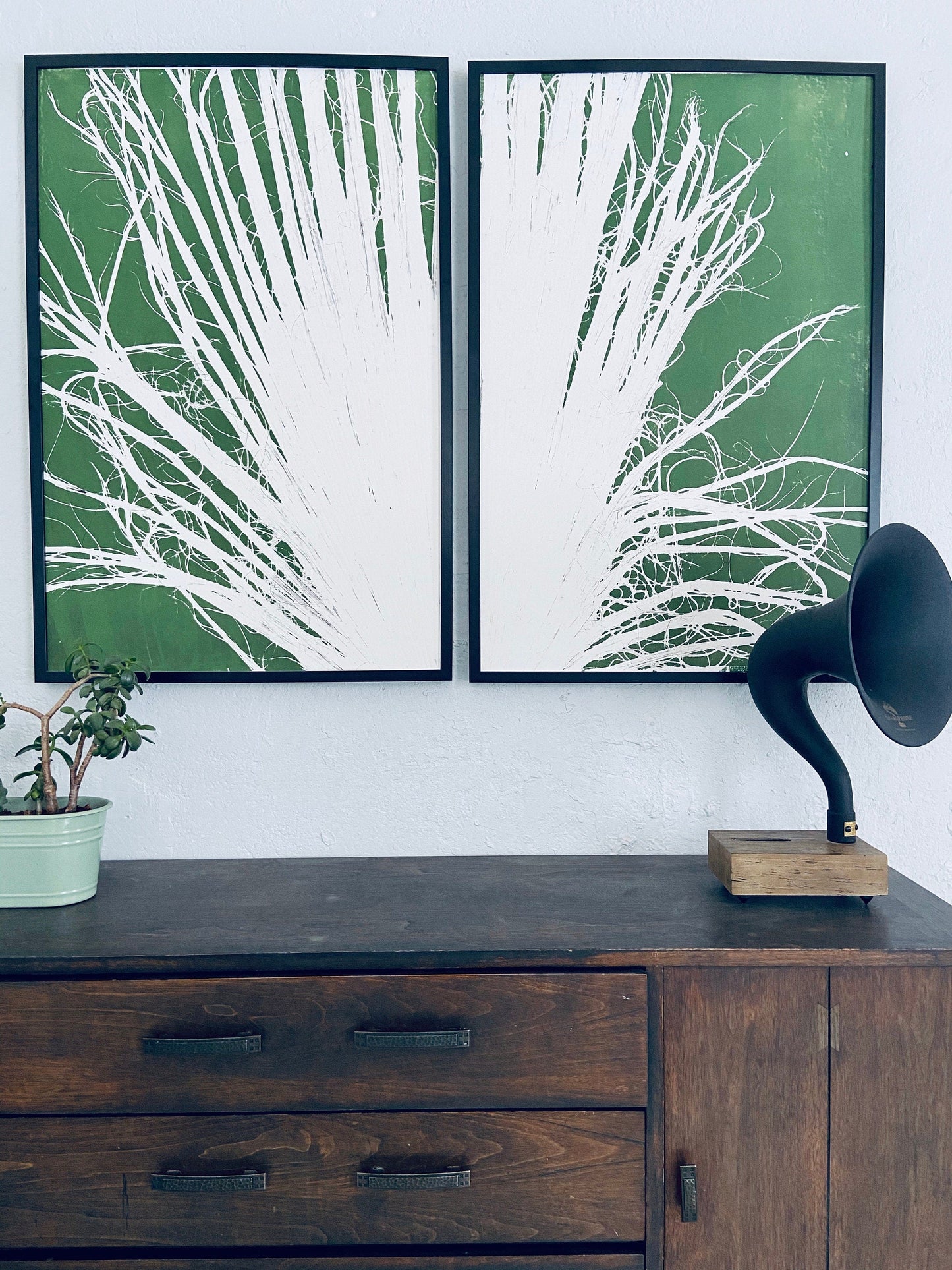 Fan Palm Leaf Diptych Hand Pressed Monoprint on Green Set of 2 - 24x36 each giclee print