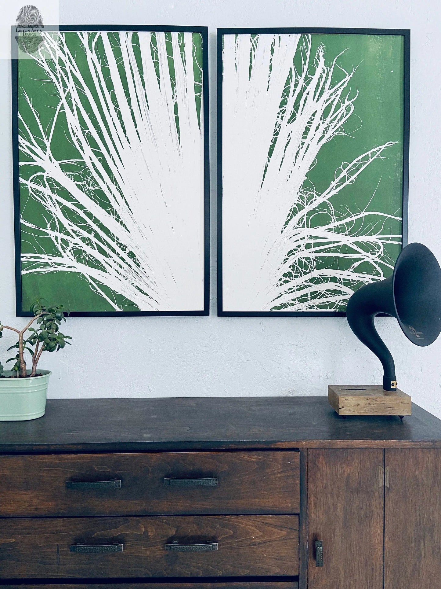 Fan Palm Leaf Diptych Hand Pressed Monoprint on Green Set of 2 - 24x36 each giclee print lintonart