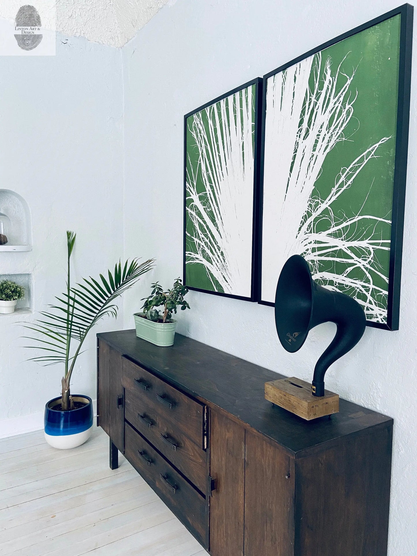 Fan Palm Leaf Diptych Hand Pressed Monoprint on Green Set of 2 - 24x36 each giclee print lintonart