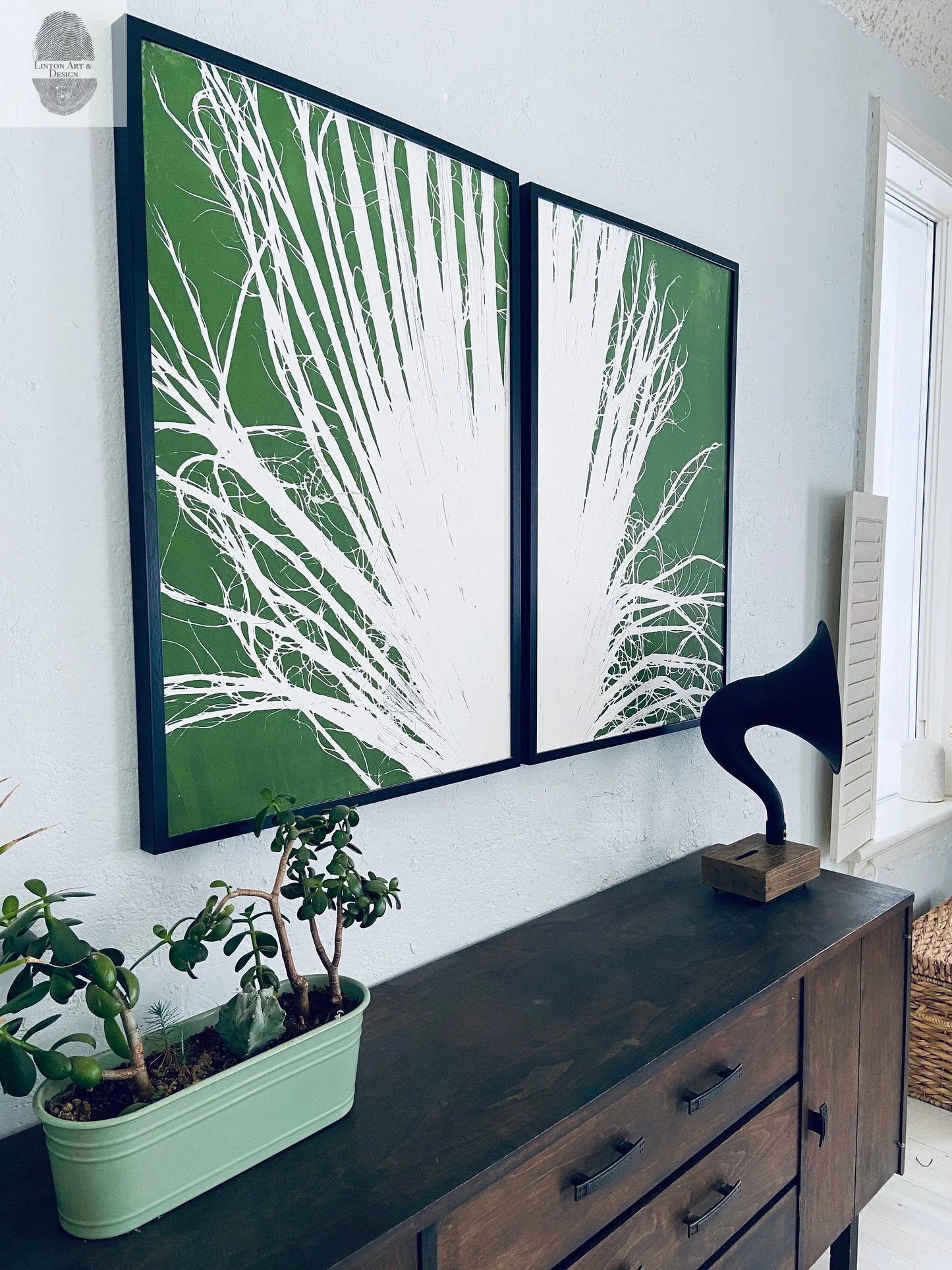 Fan Palm Leaf Diptych Hand Pressed Monoprint on Green Set of 2 - 24x36 each giclee print lintonart