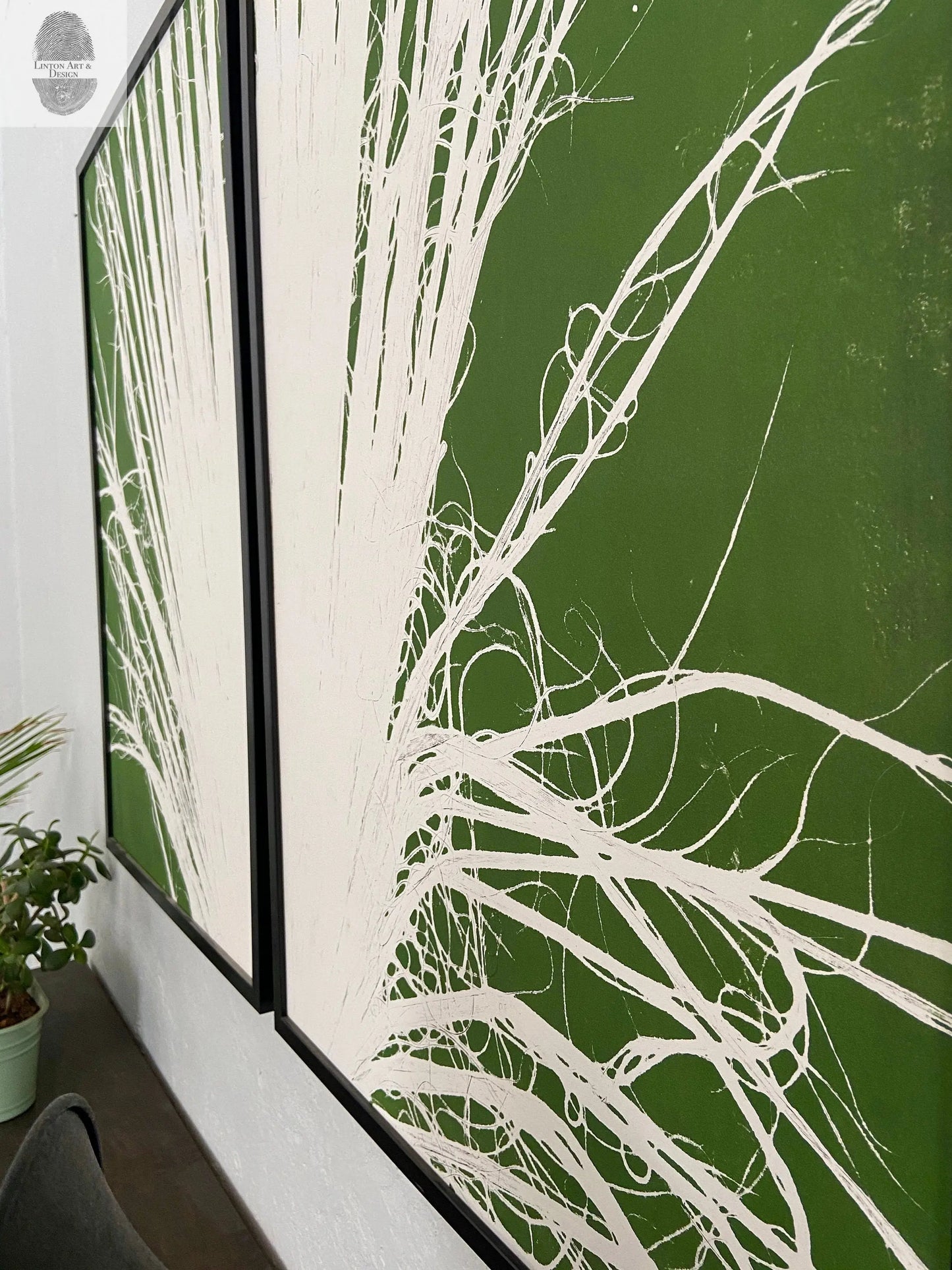 Fan Palm Leaf Diptych Hand Pressed Monoprint on Green Set of 2 - 24x36 each giclee print lintonart