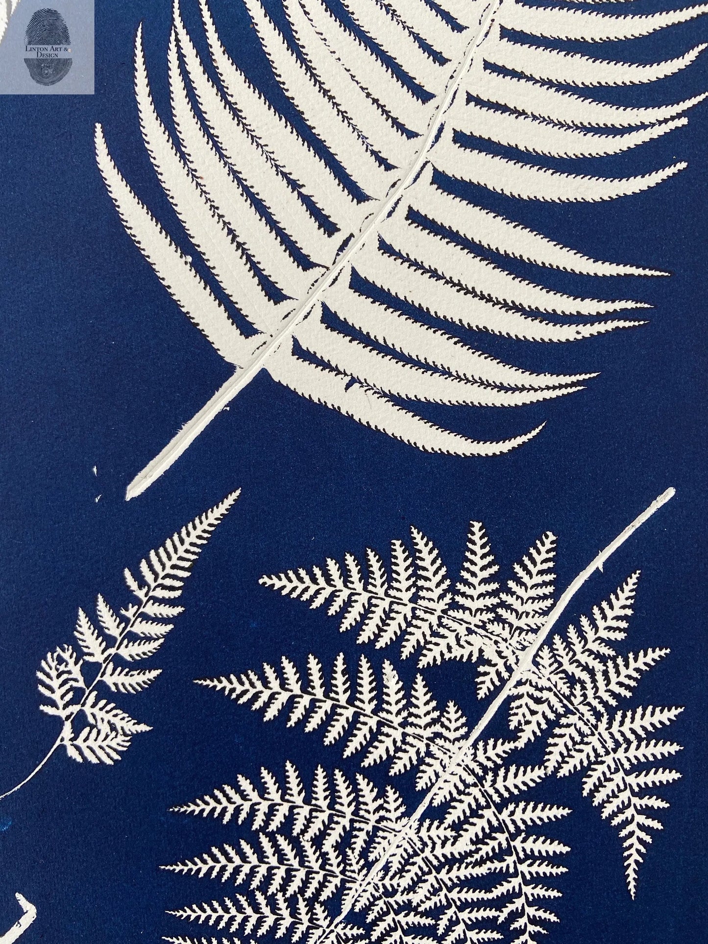 Ferns Collage Hand Pressed Botanical Monoprint on Blue - 18x24 Giclee Print lintonart
