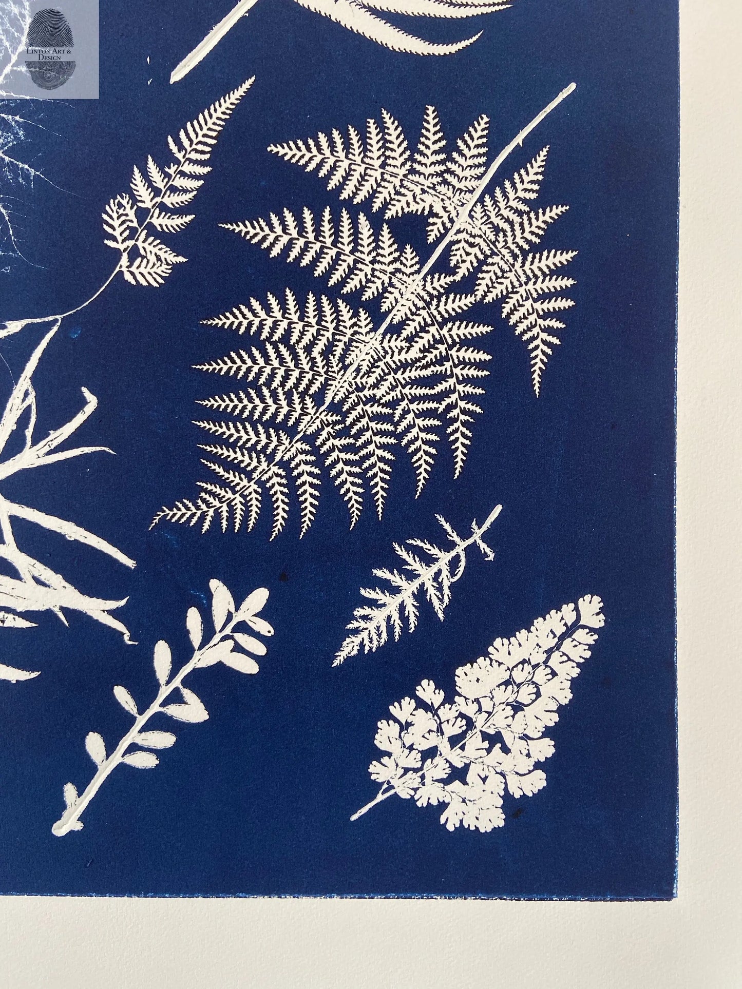 Ferns Collage Hand Pressed Botanical Monoprint on Blue - 18x24 Giclee Print lintonart