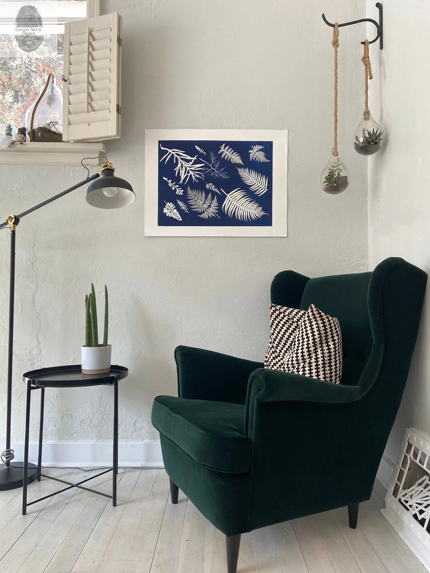 Ferns Collage Hand Pressed Botanical Monoprint on Blue - 18x24 Giclee Print lintonart