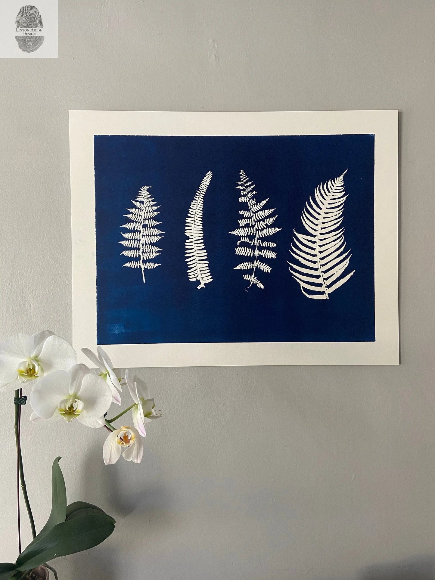 Ferns and Leaves Hand Pressed Botanical Monoprint in Blue - 18x24 giclee print lintonart