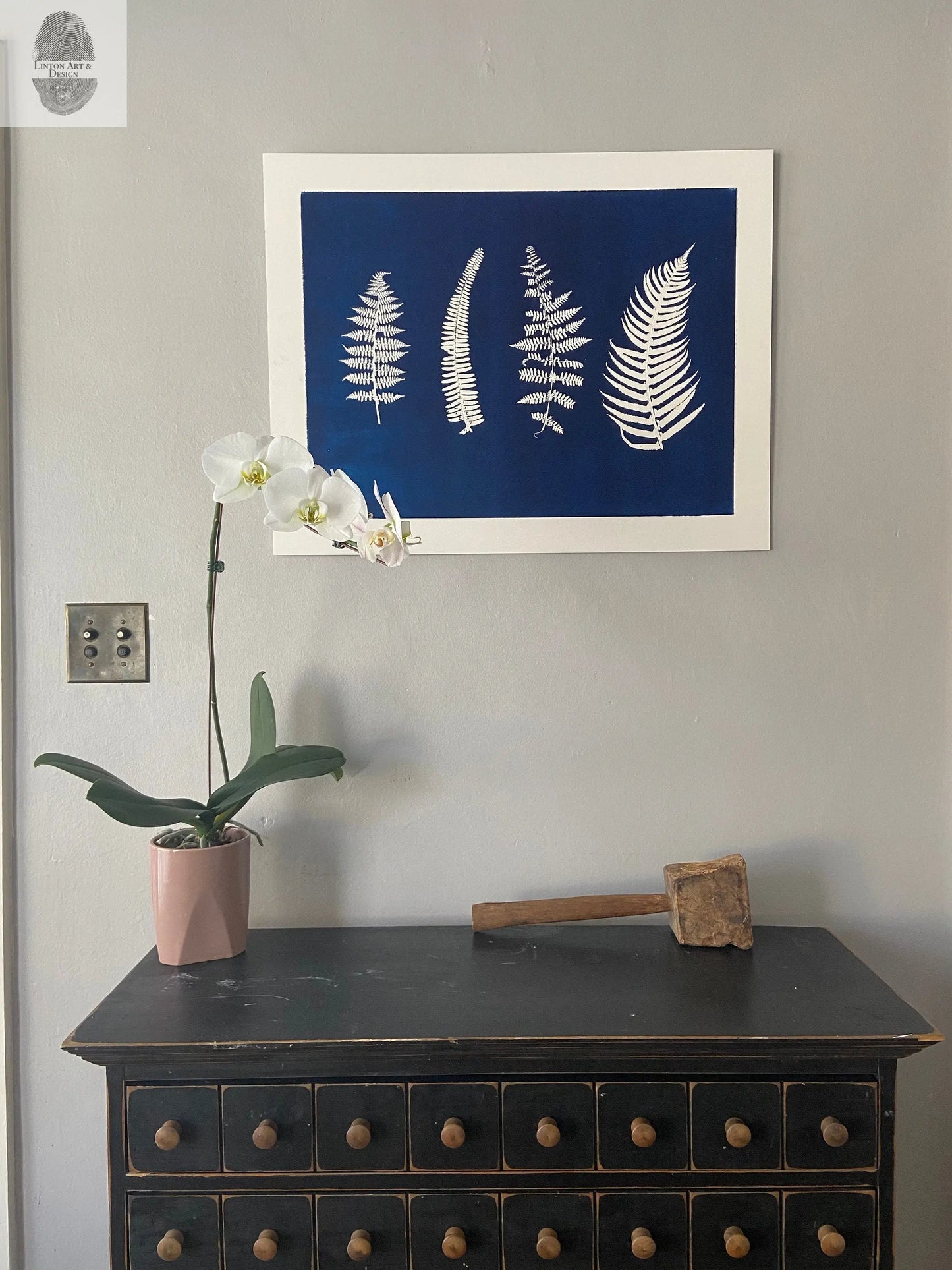 Ferns and Leaves Hand Pressed Botanical Monoprint in Blue - 18x24 giclee print lintonart