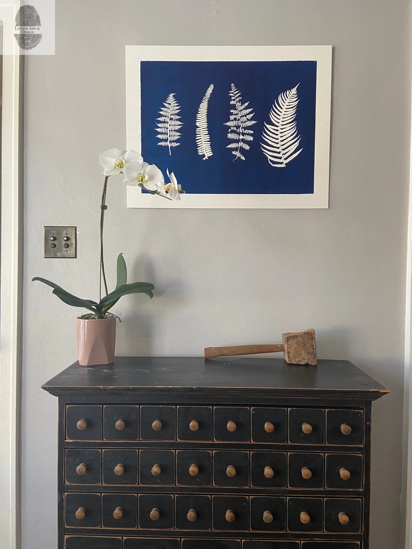 Ferns and Leaves Hand Pressed Botanical Monoprint in Blue - 18x24 giclee print lintonart