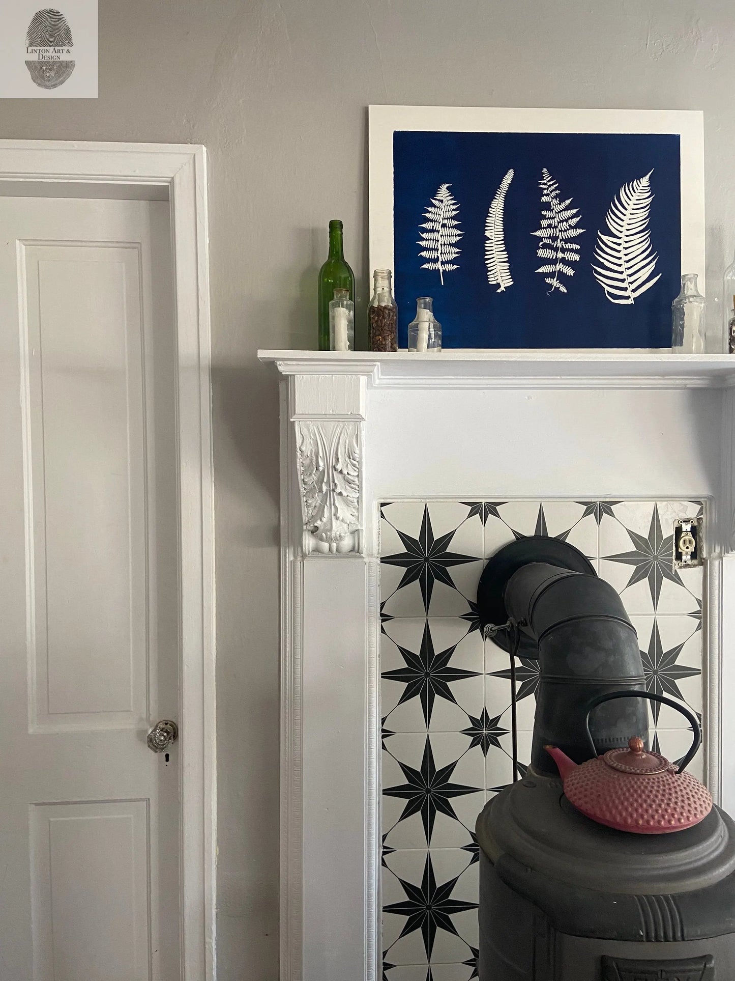 Ferns and Leaves Hand Pressed Botanical Monoprint in Blue - 18x24 giclee print lintonart