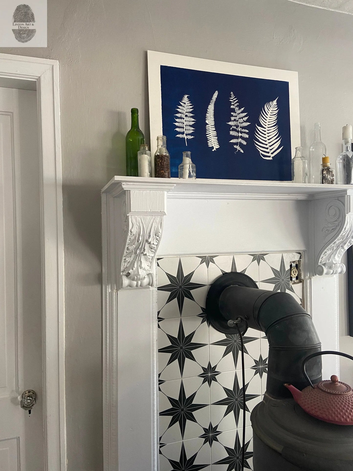 Ferns and Leaves Hand Pressed Botanical Monoprint in Blue - 18x24 giclee print lintonart