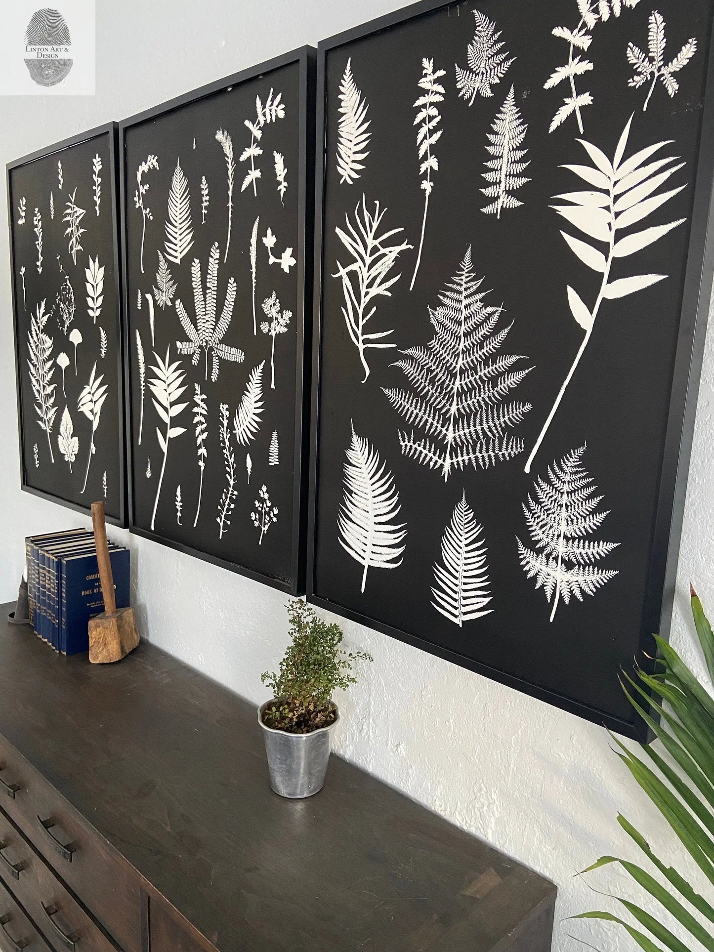 Ferns and Leaves Hand Pressed Botanical Monoprint on Black Set of 3 - 24x36 each giclee print lintonart