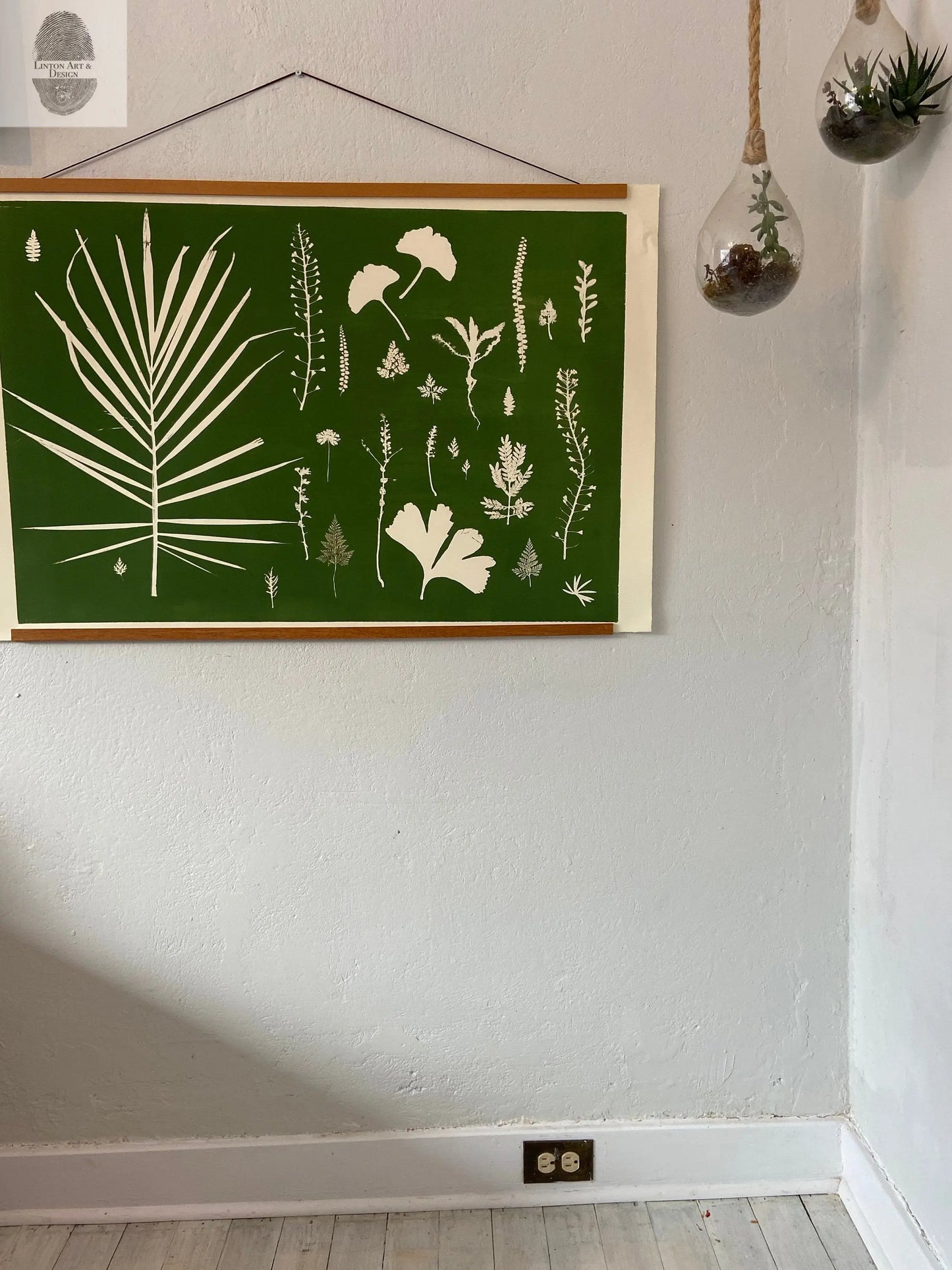 Hand Pressed Botanical Collage Monoprint on Green - Giclee Print lintonart