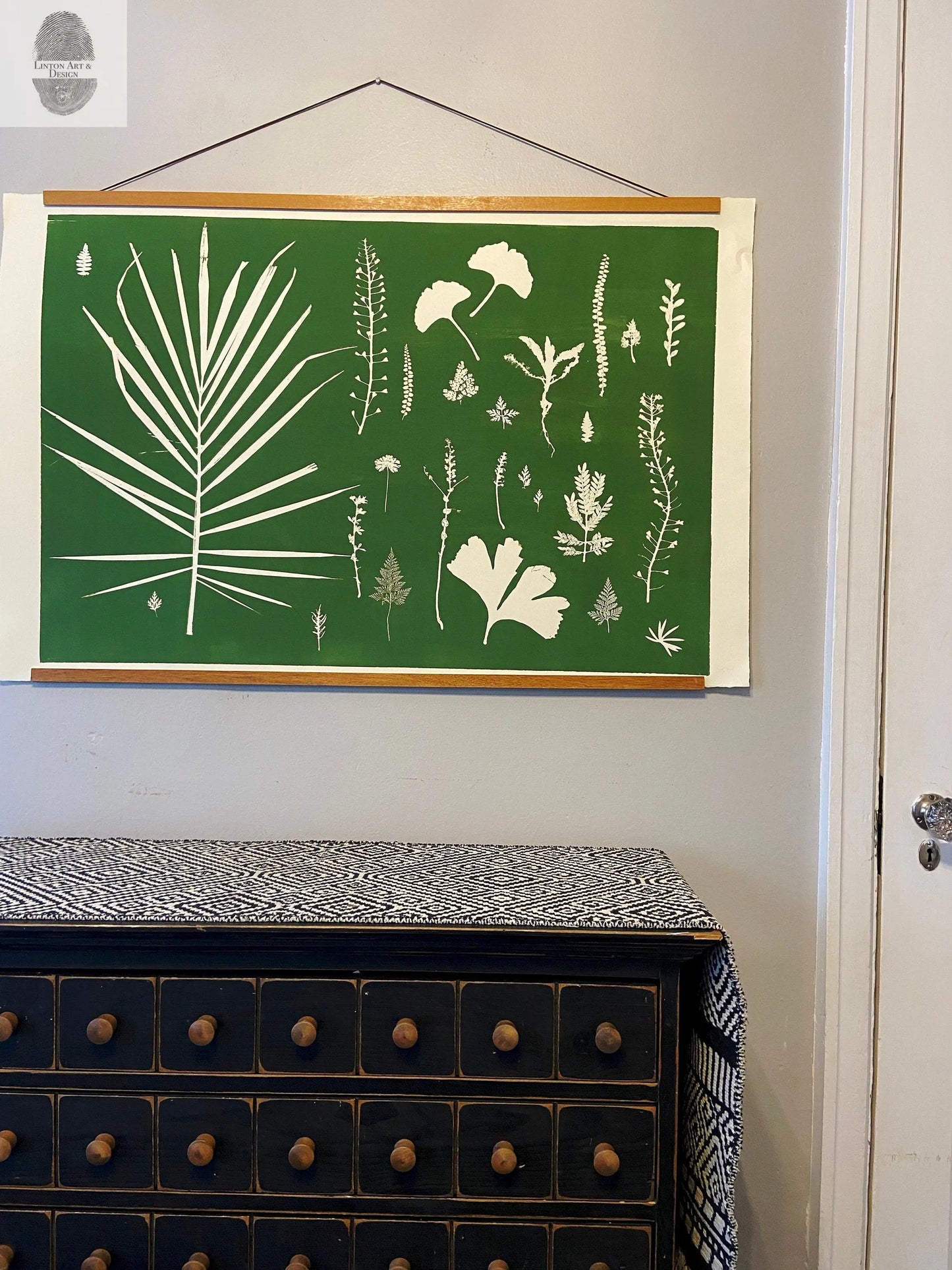 Hand Pressed Botanical Collage Monoprint on Green - Giclee Print lintonart