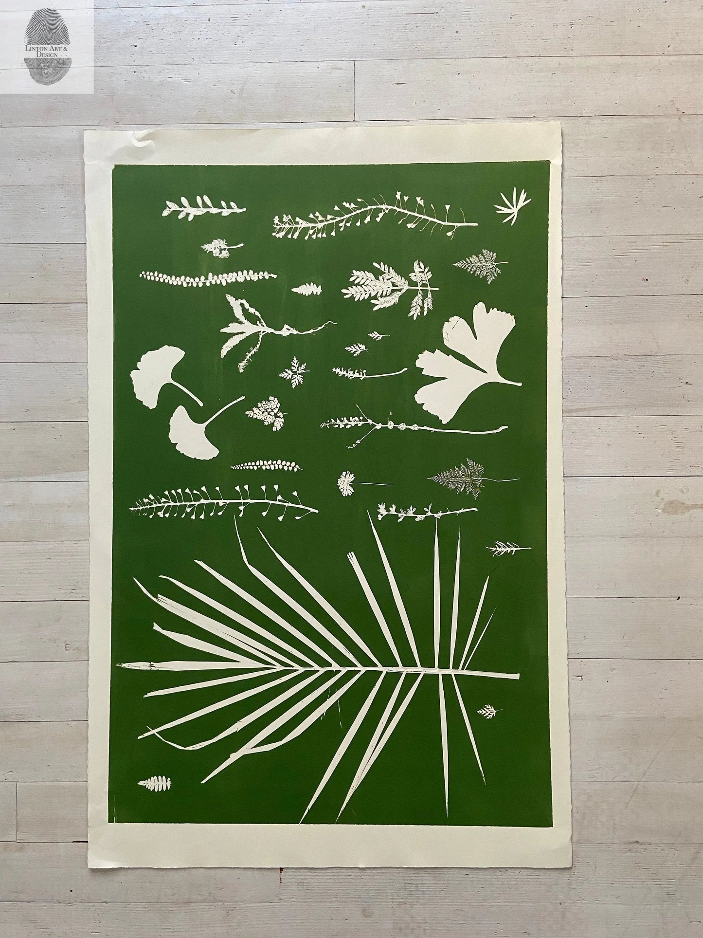 Hand Pressed Botanical Collage Monoprint on Green - Giclee Print lintonart