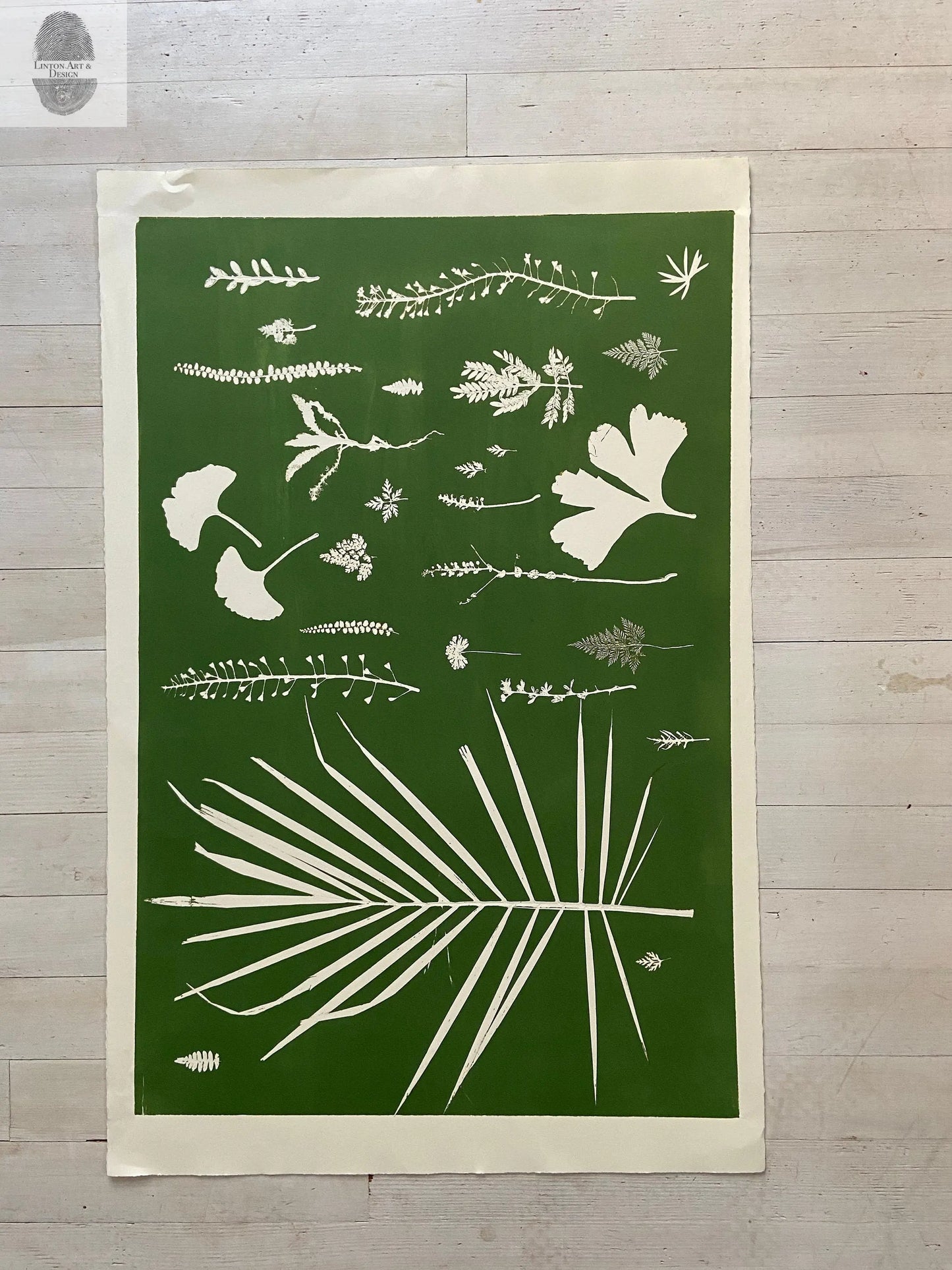 Hand Pressed Botanical Collage Monoprint on Green - Giclee Print lintonart