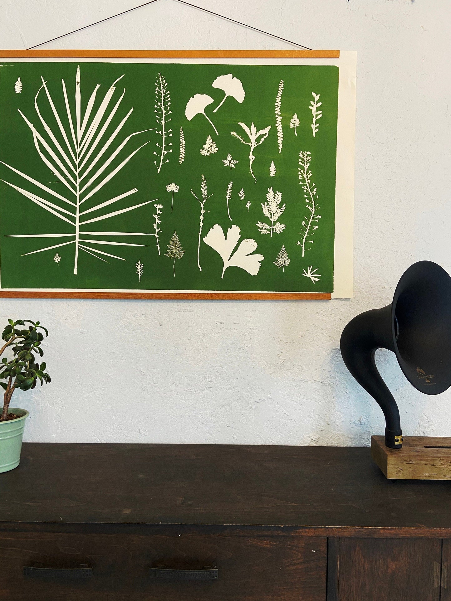 Hand Pressed Botanical Collage Monoprint on Green - giclee print