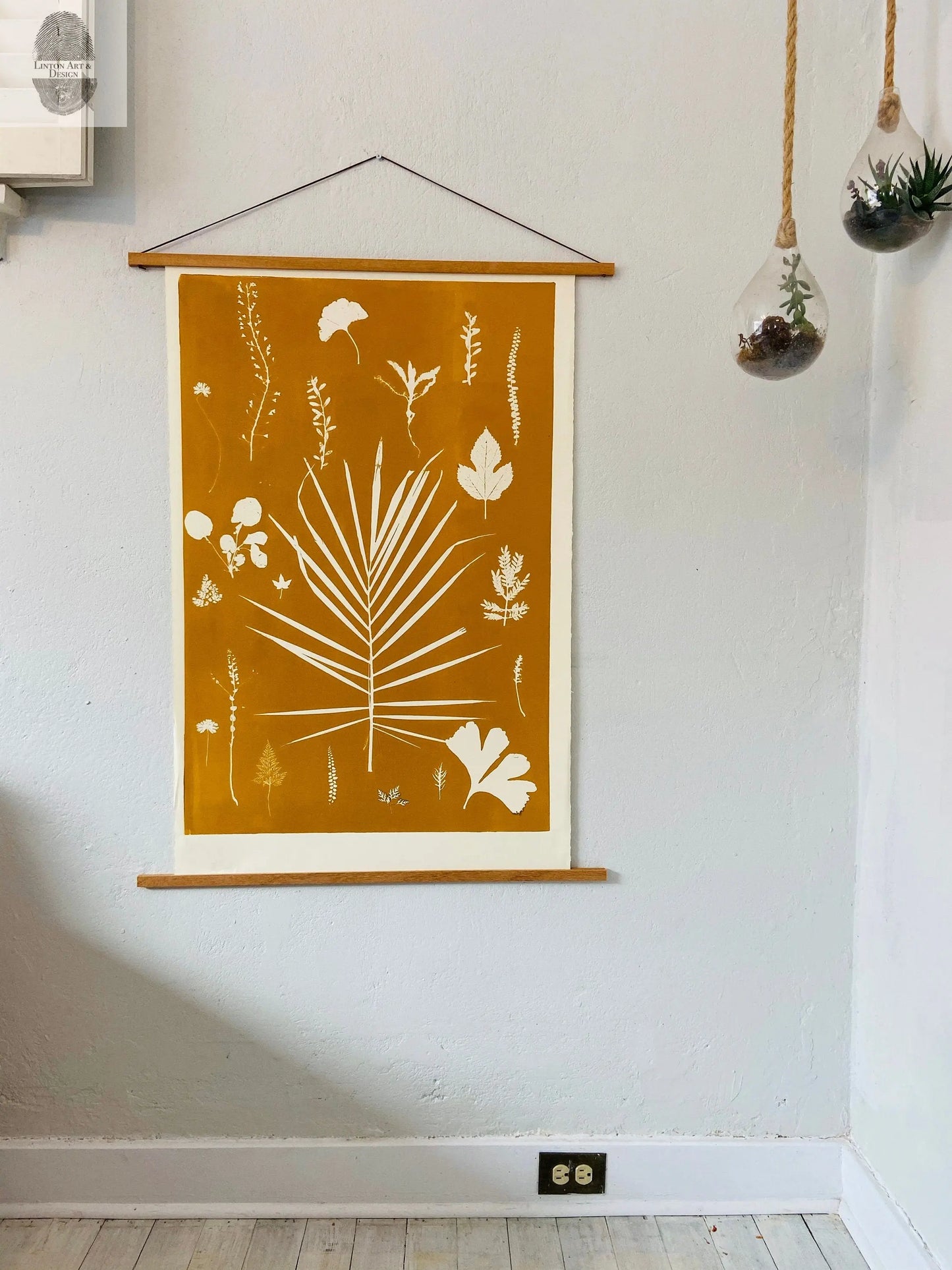 Hand Pressed Botanical Collage Monoprint on Yellow Gold - giclee print lintonart