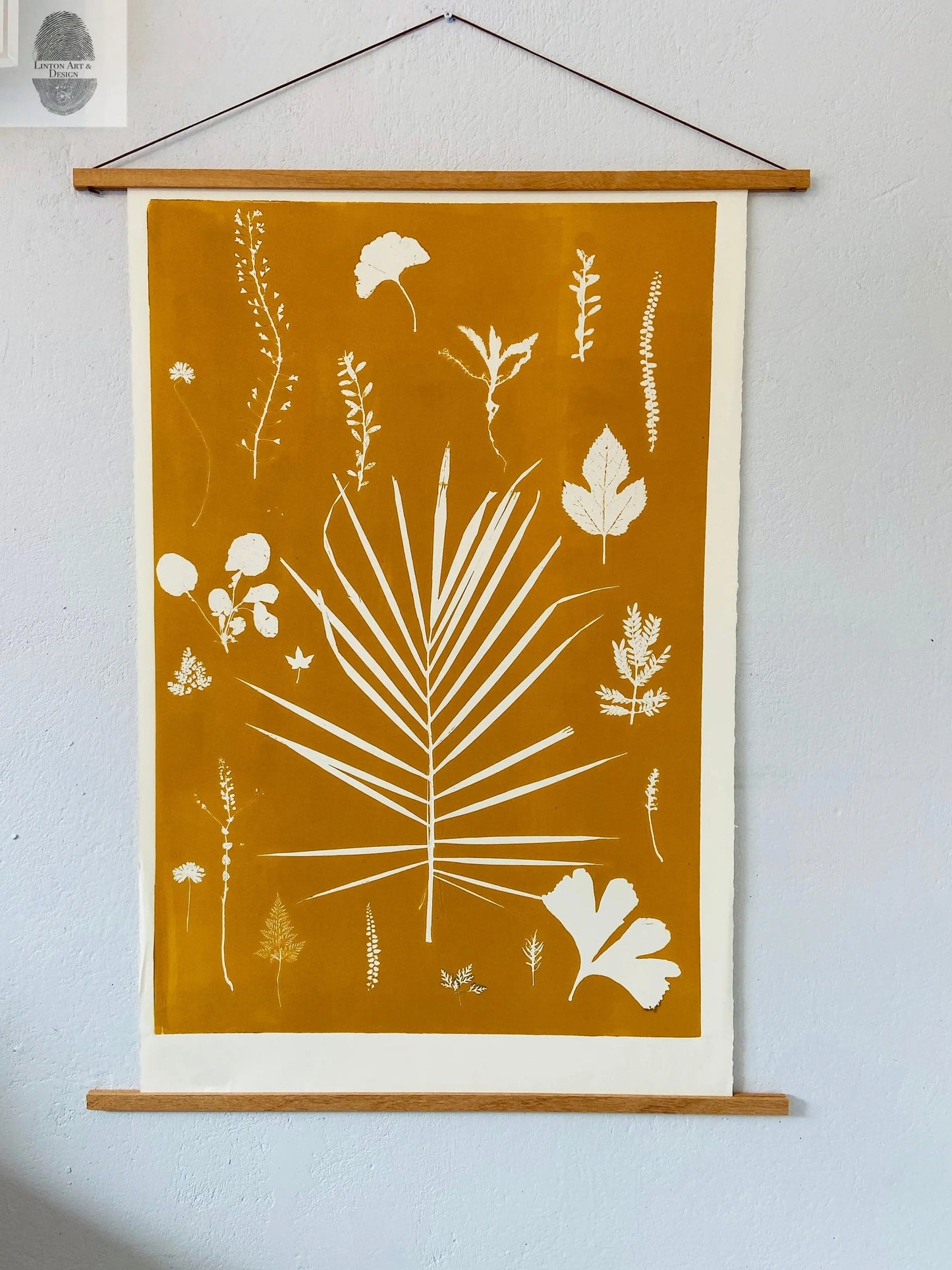 Hand Pressed Botanical Collage Monoprint on Yellow Gold - giclee print lintonart