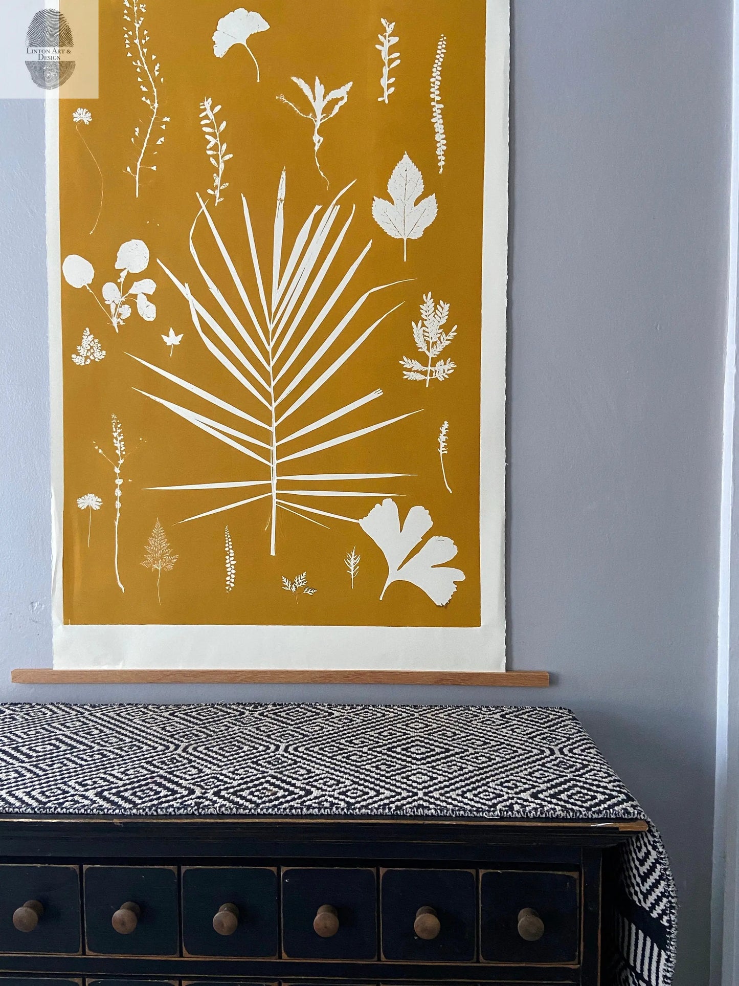 Hand Pressed Botanical Collage Monoprint on Yellow Gold - giclee print lintonart