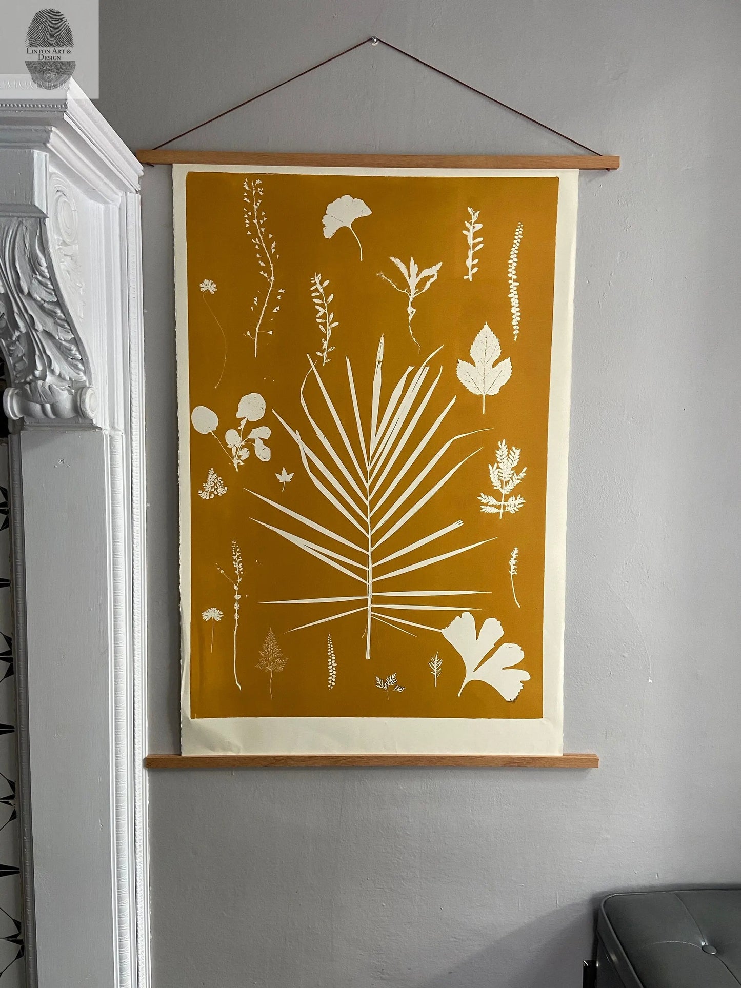 Hand Pressed Botanical Collage Monoprint on Yellow Gold - giclee print lintonart
