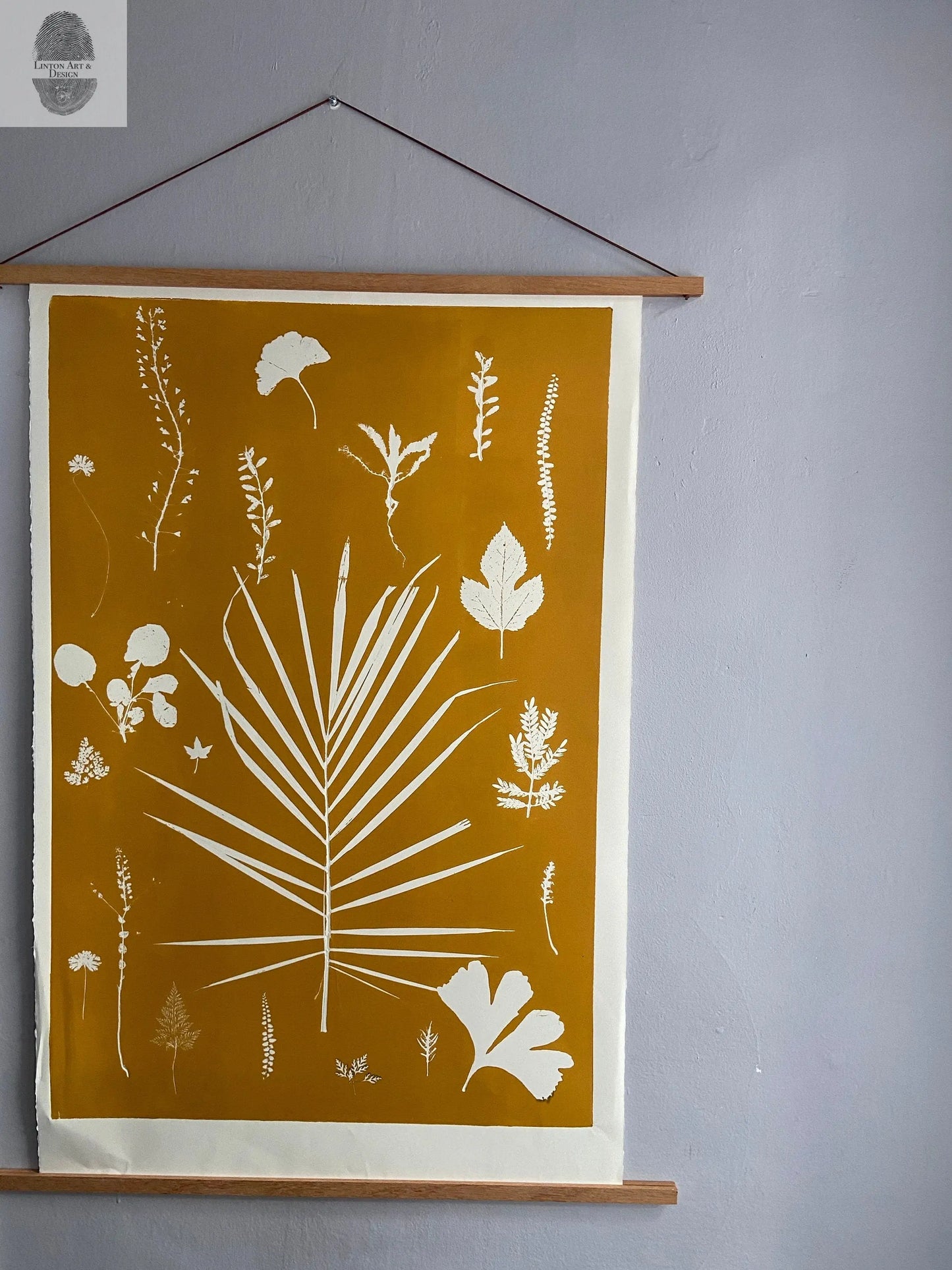 Hand Pressed Botanical Collage Monoprint on Yellow Gold - giclee print lintonart