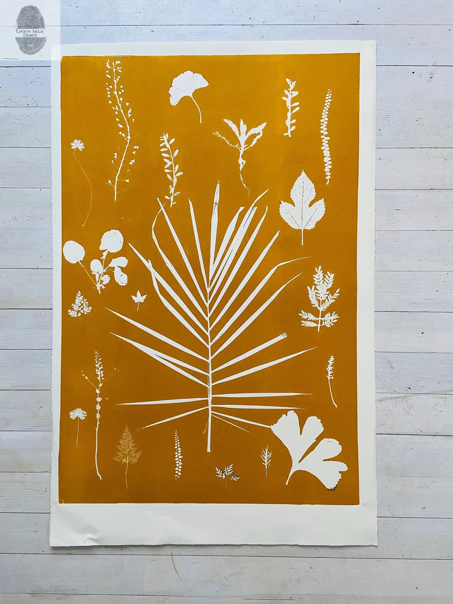 Hand Pressed Botanical Collage Monoprint on Yellow Gold - giclee print lintonart