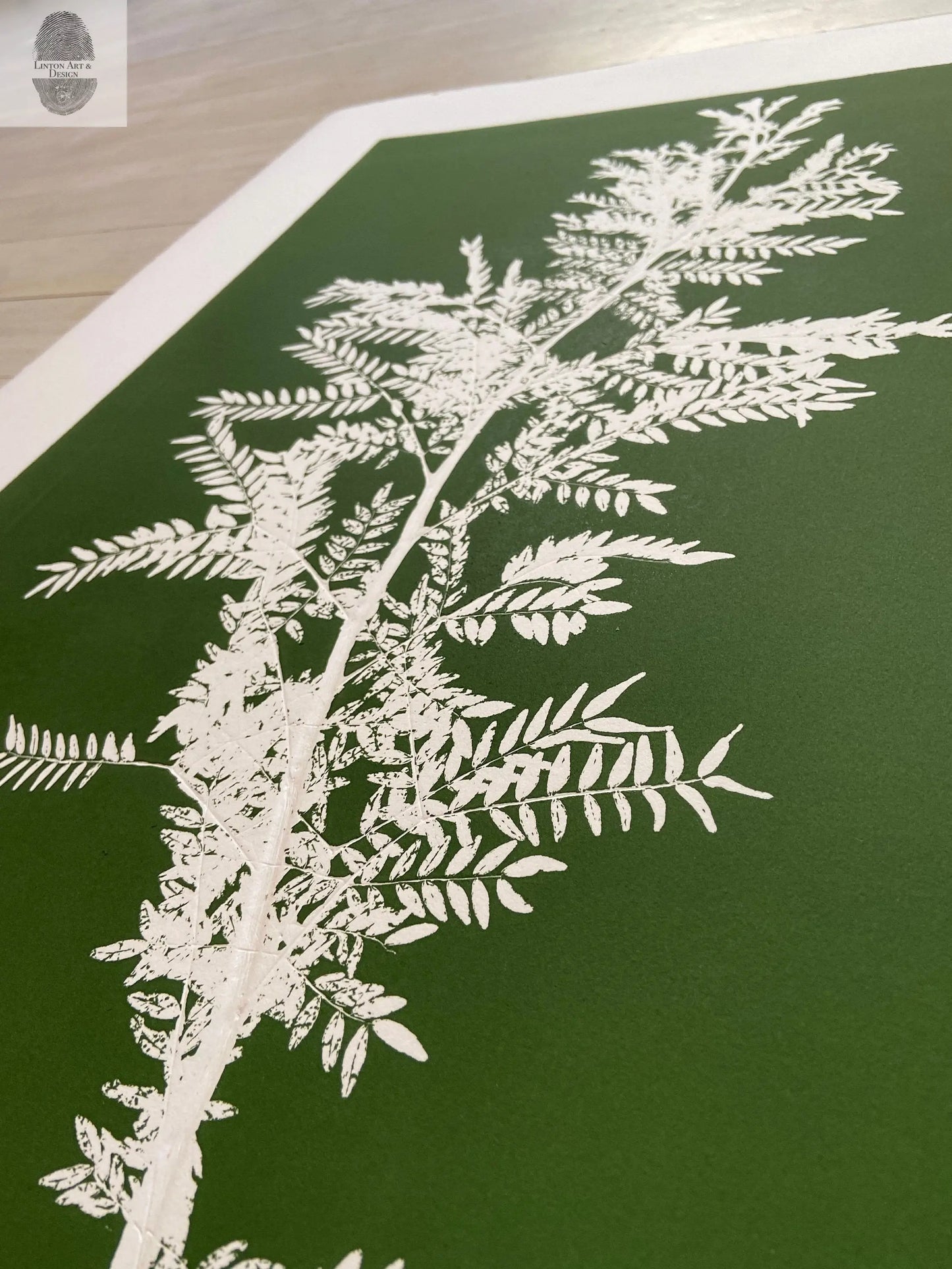 Locust Branch Hand Pressed Monoprint on Green - giclee print lintonart