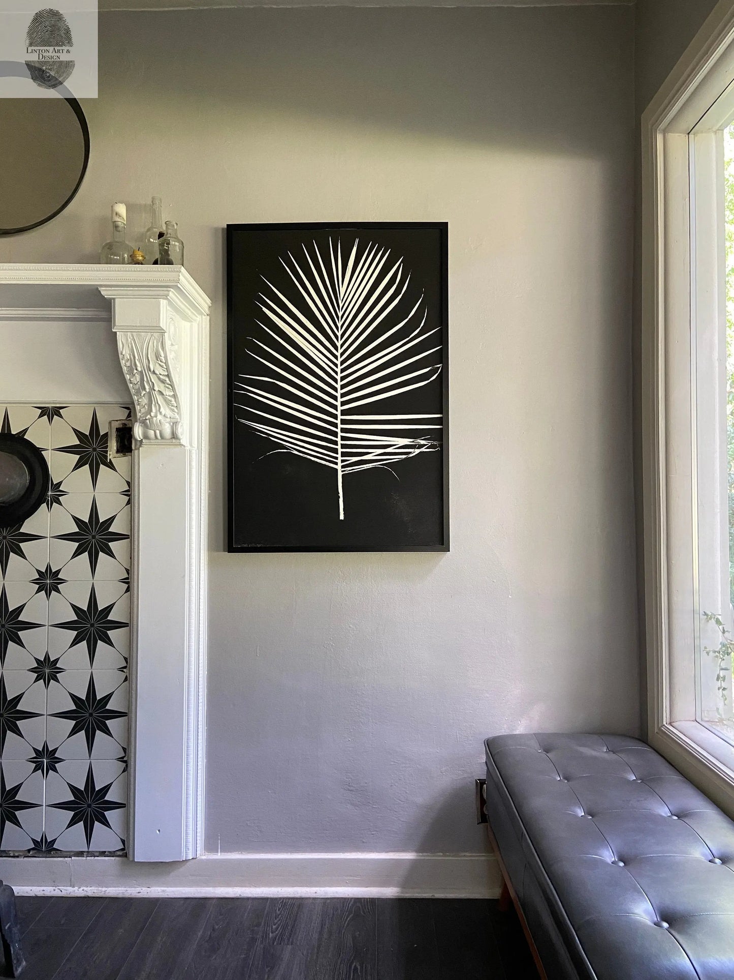 Palm Leaf Hand Pressed Monoprint on Black I - 24x36 giclee print lintonart