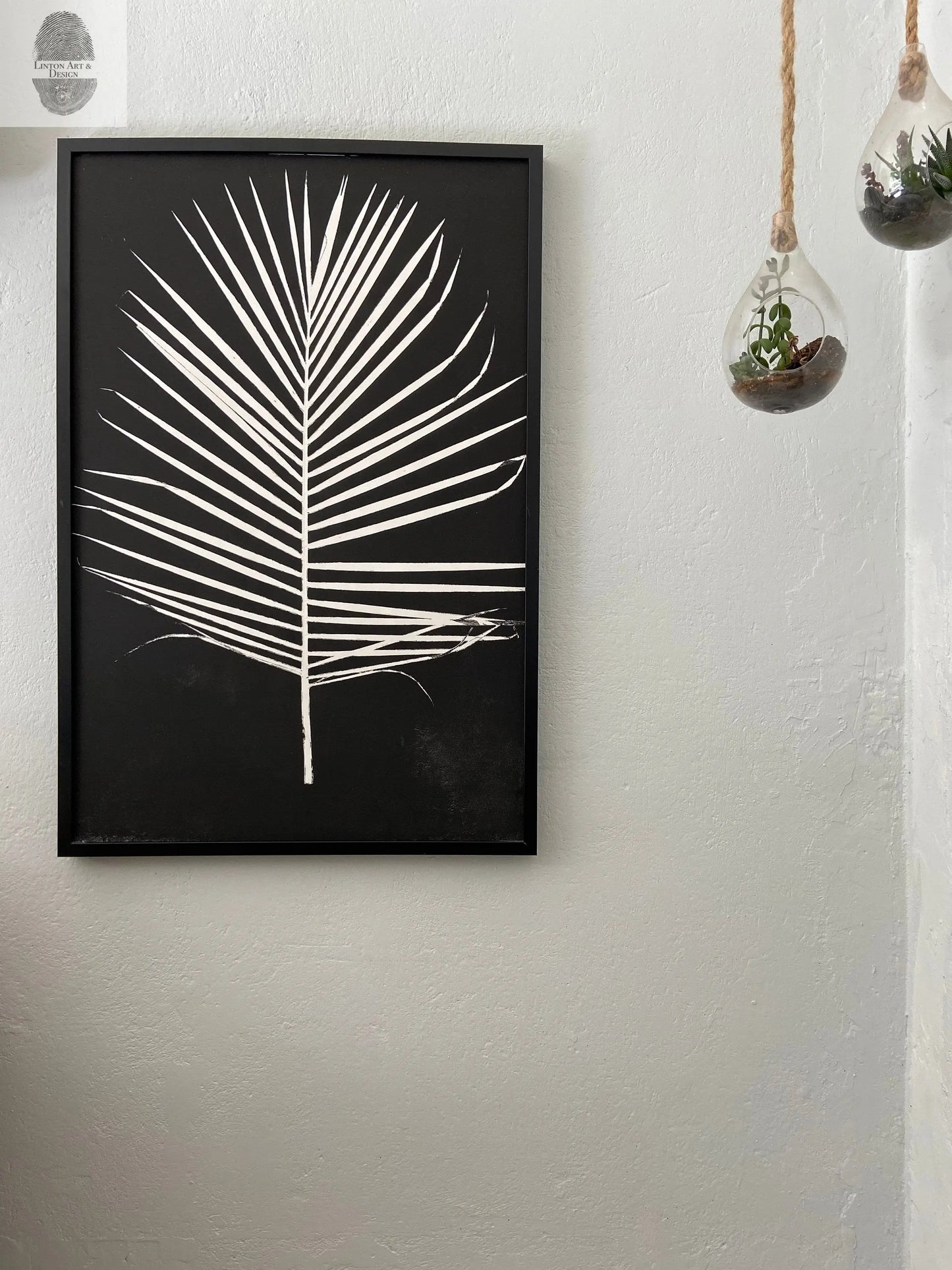 Palm Leaf Hand Pressed Monoprint on Black I - 24x36 giclee print lintonart
