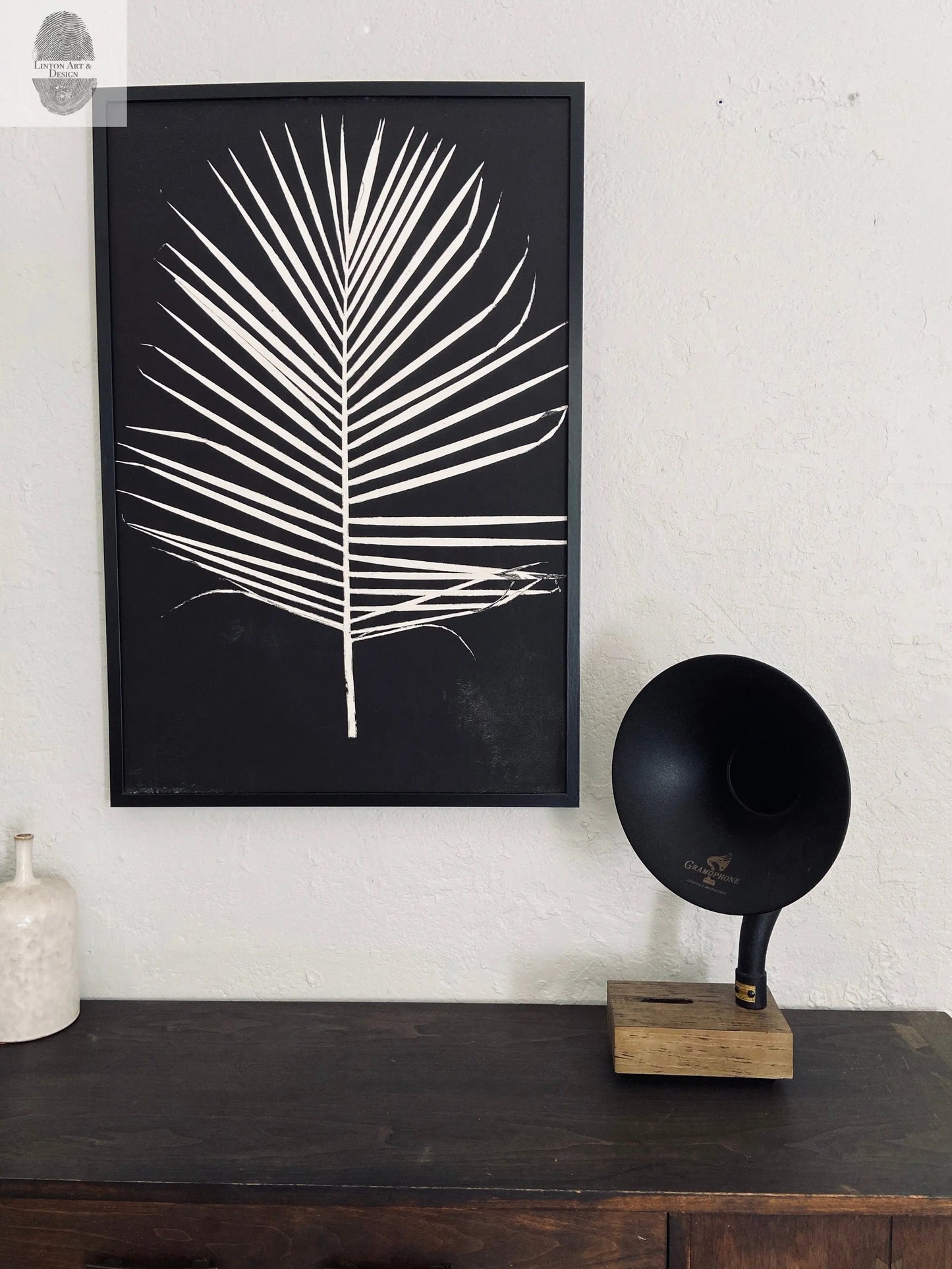 Palm Leaf Hand Pressed Monoprint on Black I - 24x36 giclee print lintonart