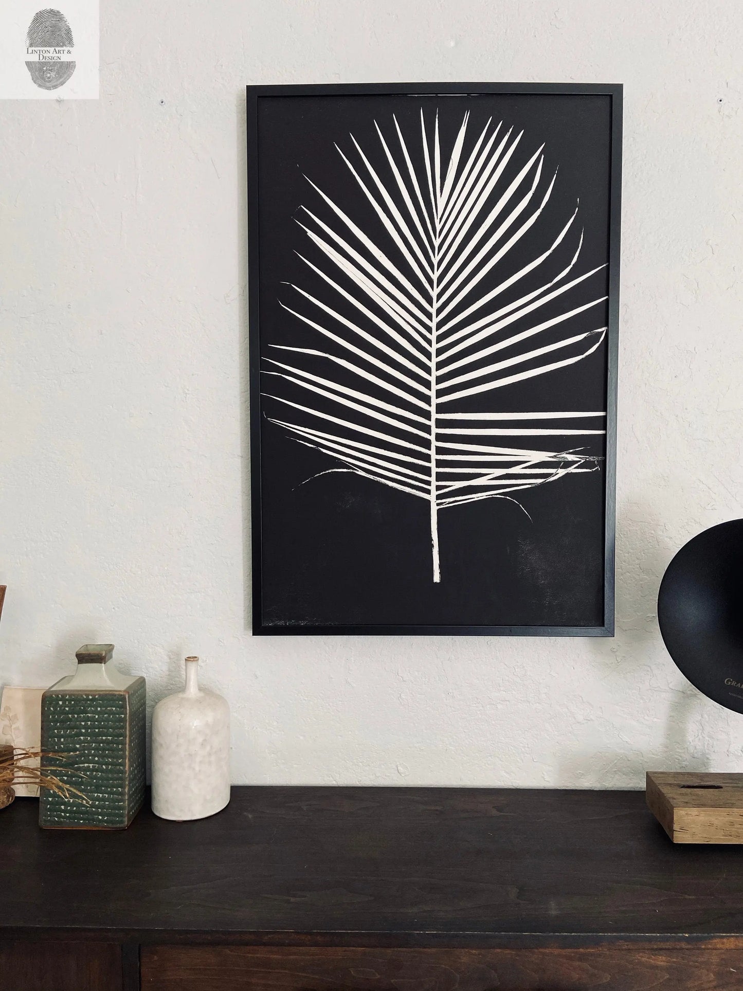 Palm Leaf Hand Pressed Monoprint on Black I - 24x36 giclee print lintonart