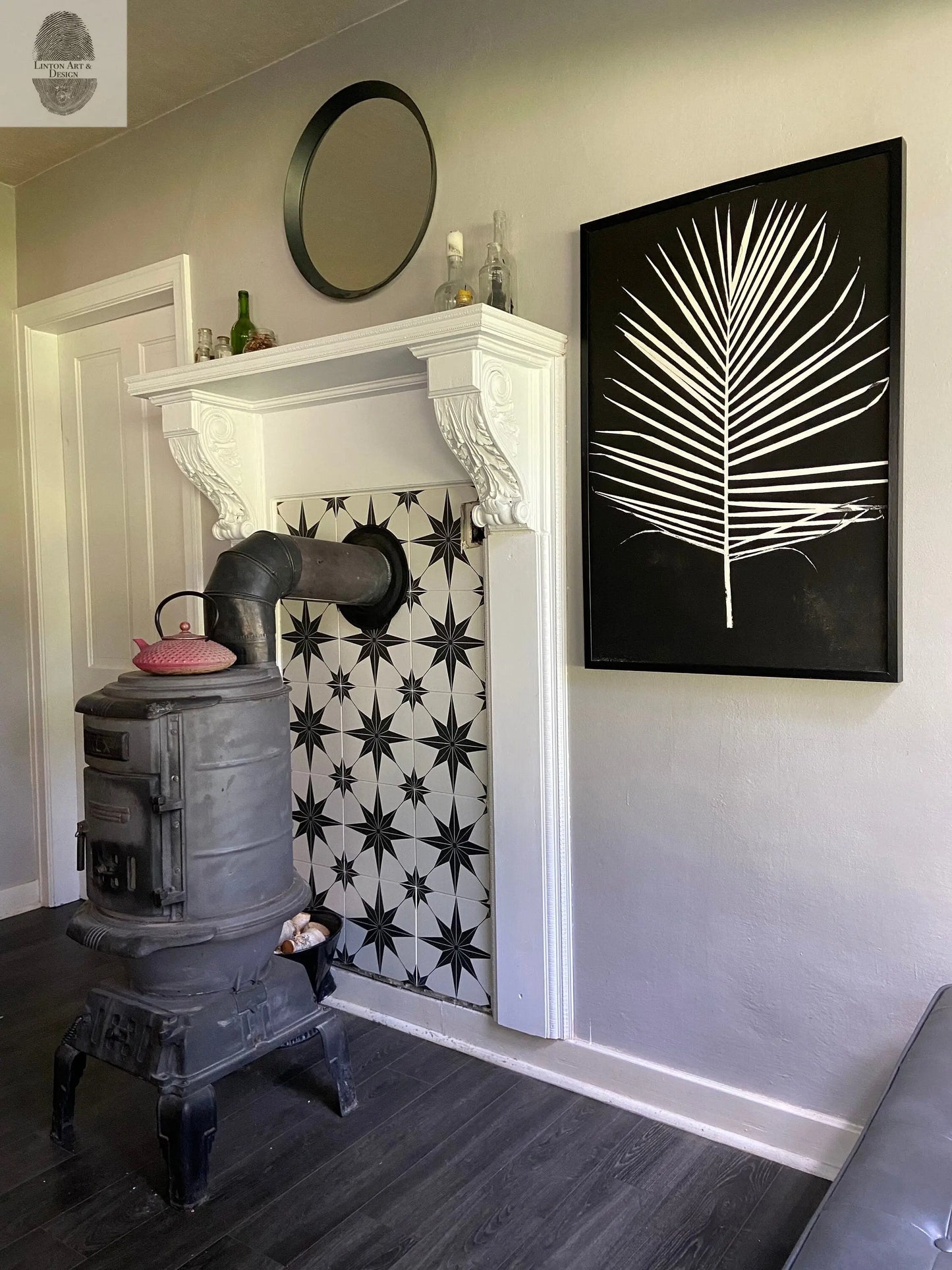 Palm Leaf Hand Pressed Monoprint on Black I - 24x36 giclee print lintonart