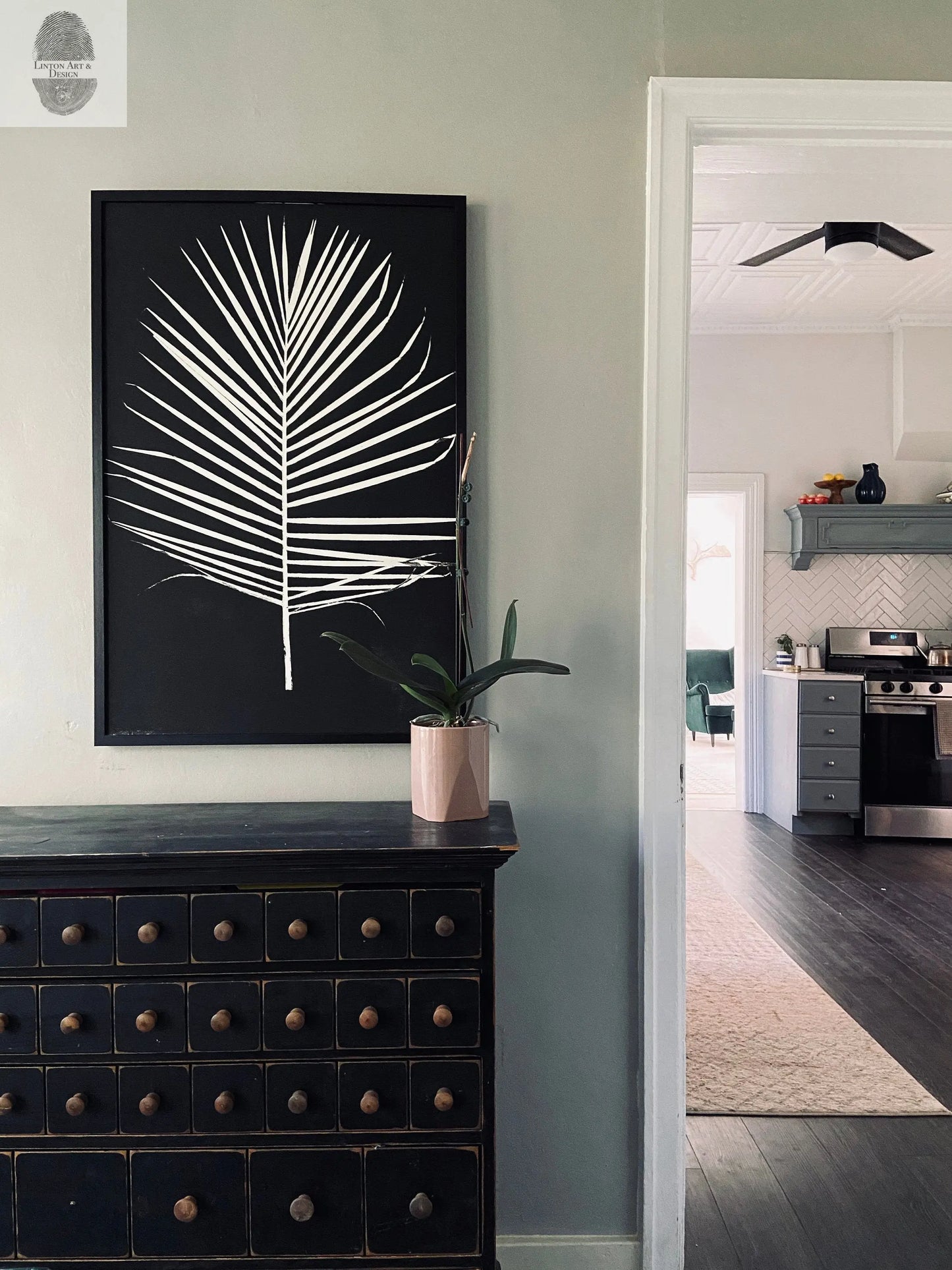 Palm Leaf Hand Pressed Monoprint on Black I - 24x36 giclee print lintonart