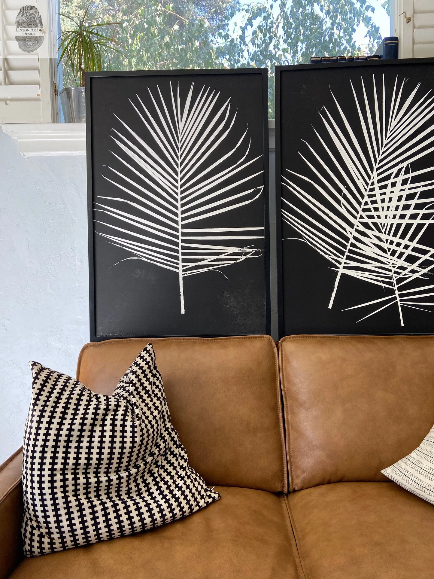 Palm Leaf Hand Pressed Monoprint on Black I - 24x36 giclee print lintonart