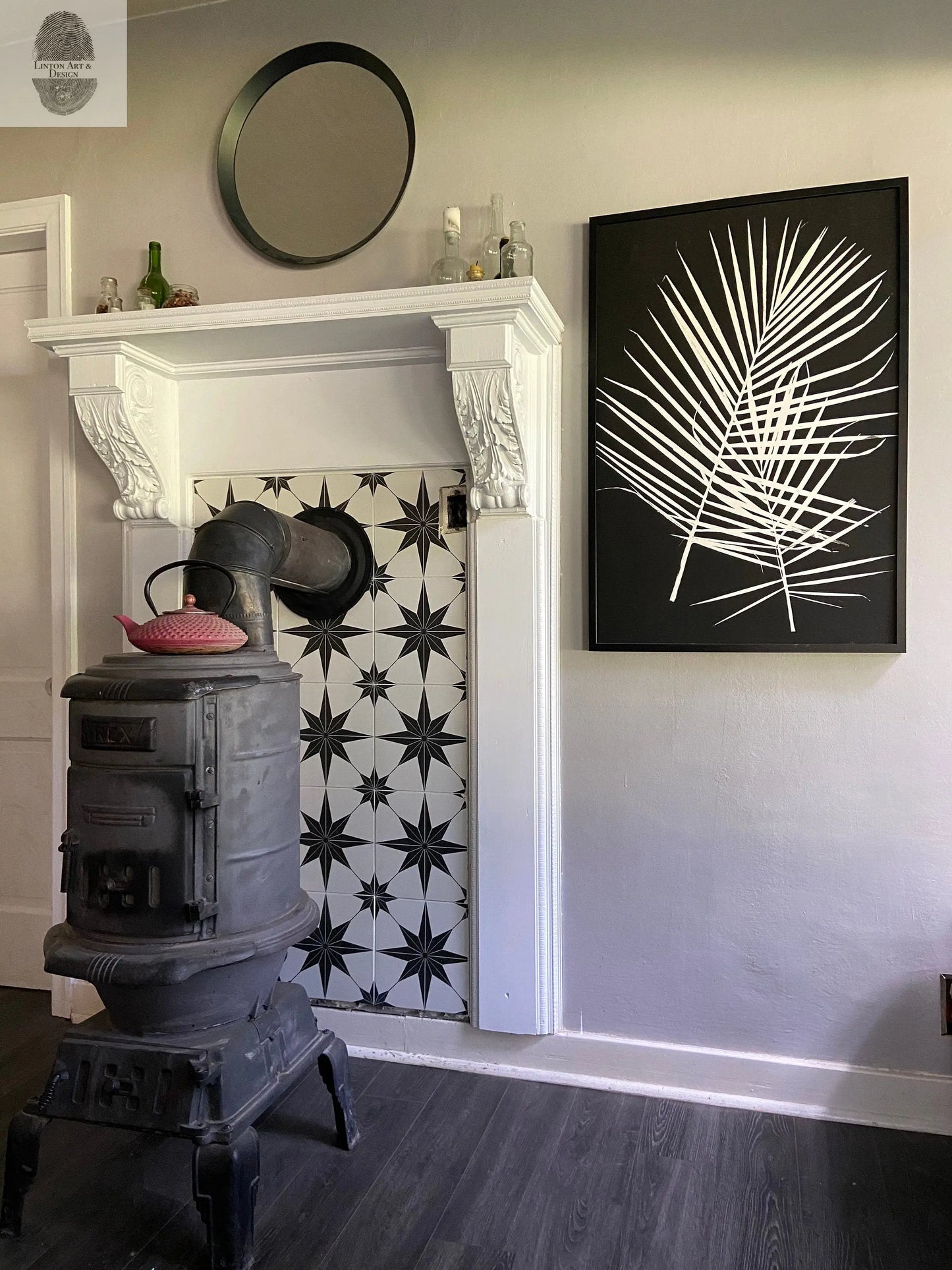 Palm Leaf Hand Pressed Monoprint on Black II - 24x36 giclee print lintonart